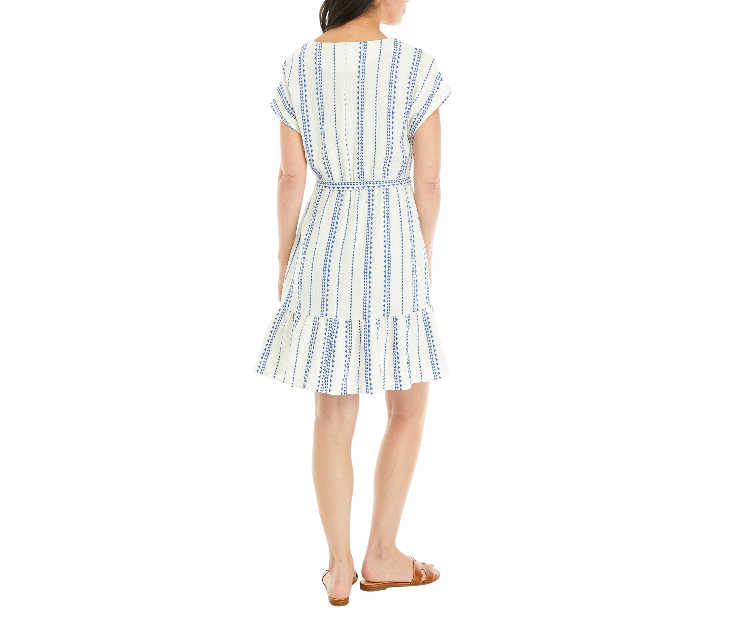 Womens Split Neck Gauze Tie Waist Dress
