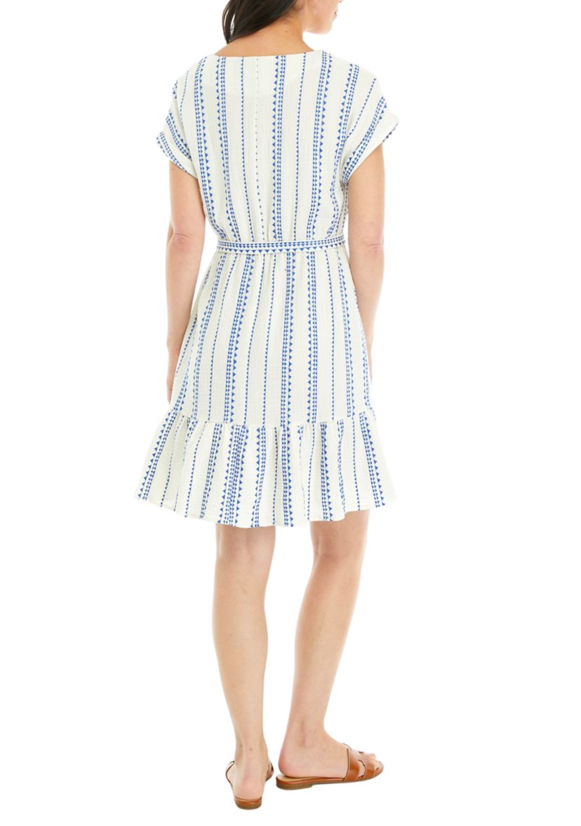 Womens Split Neck Gauze Tie Waist Dress