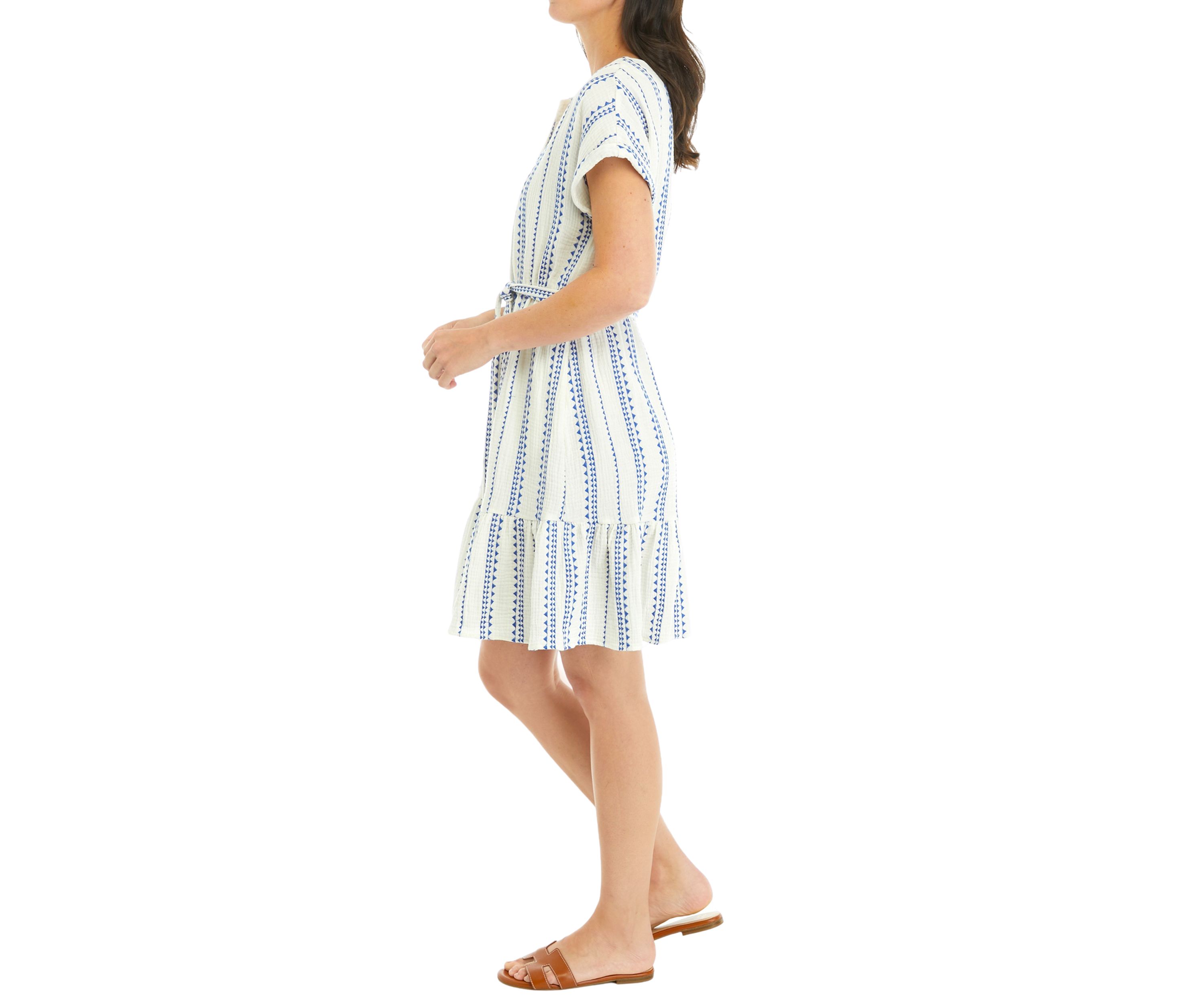 Womens Split Neck Gauze Tie Waist Dress
