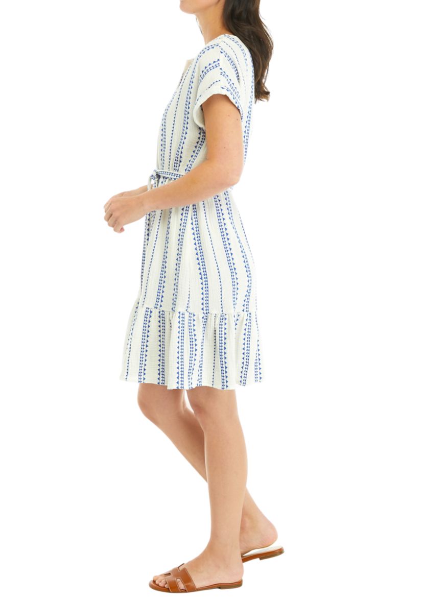 Womens Split Neck Gauze Tie Waist Dress