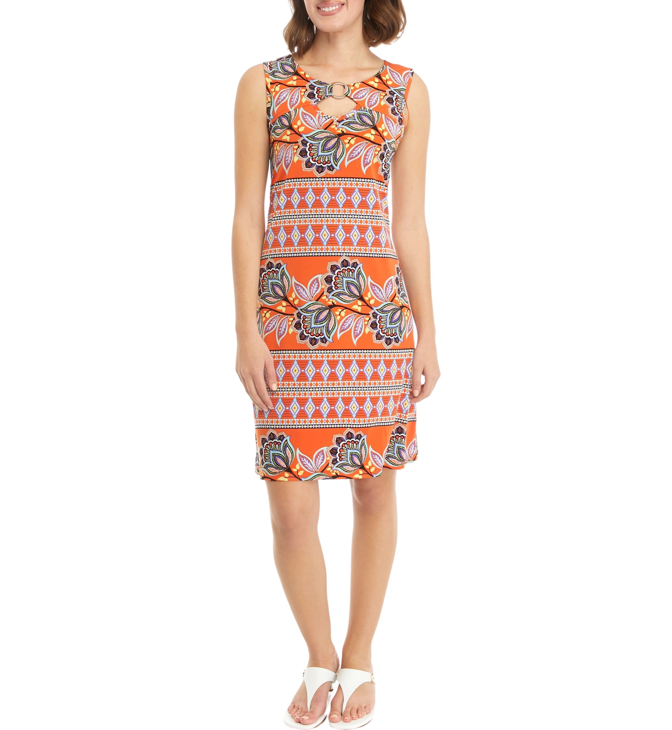 Womens Sleeveless Keyhole Neck Printed A-Line Dress