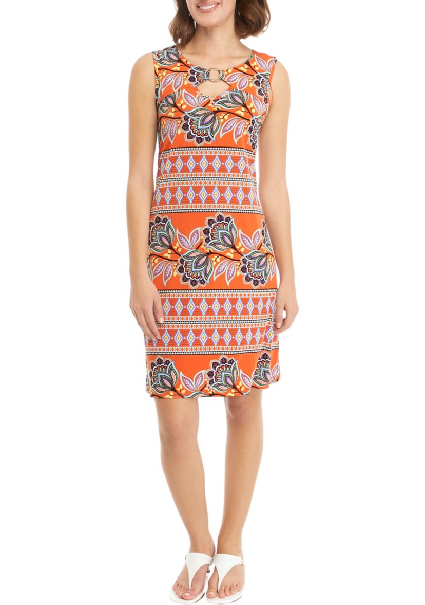 Womens Sleeveless Keyhole Neck Printed A-Line Dress