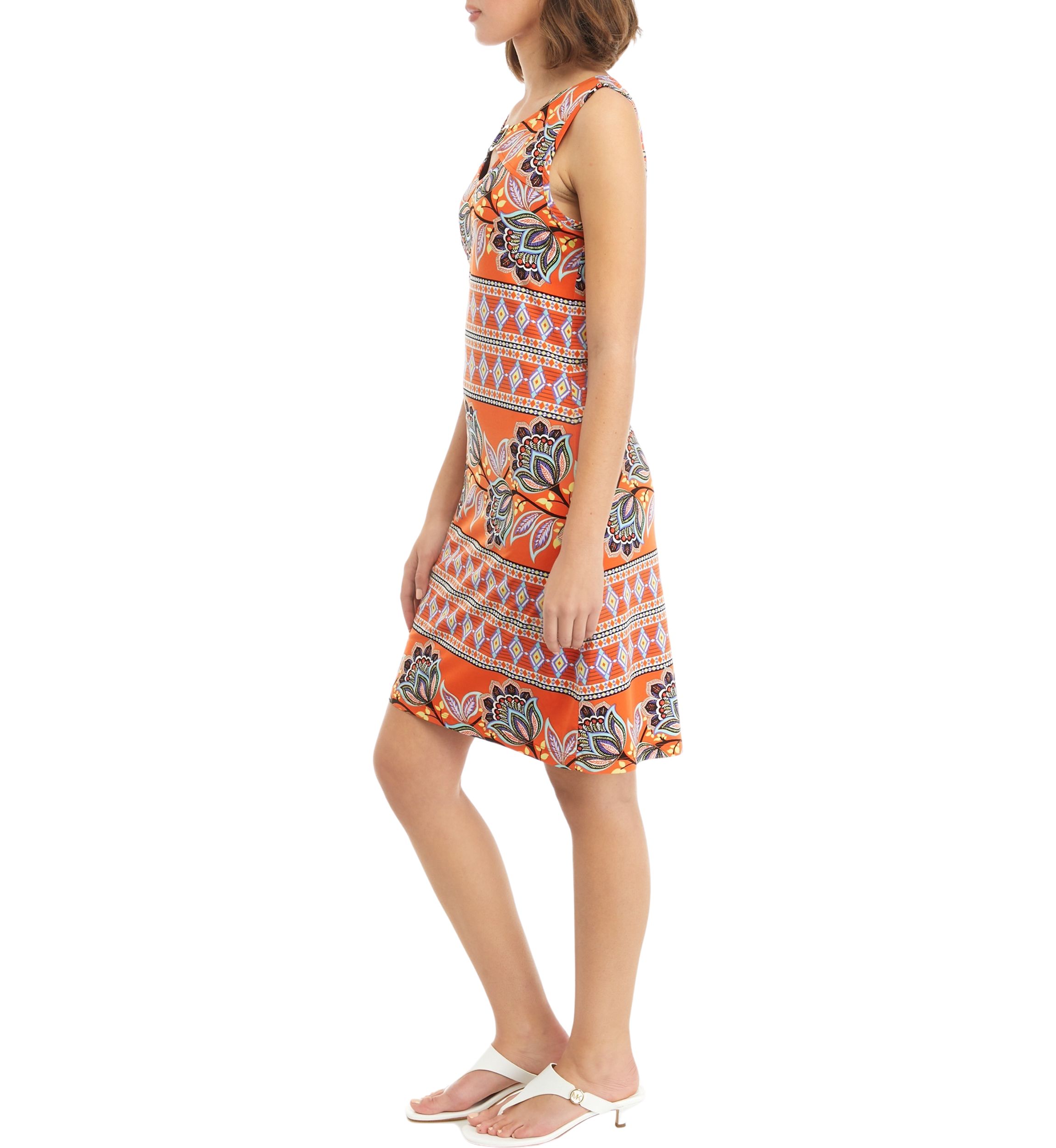 Womens Sleeveless Keyhole Neck Printed A-Line Dress