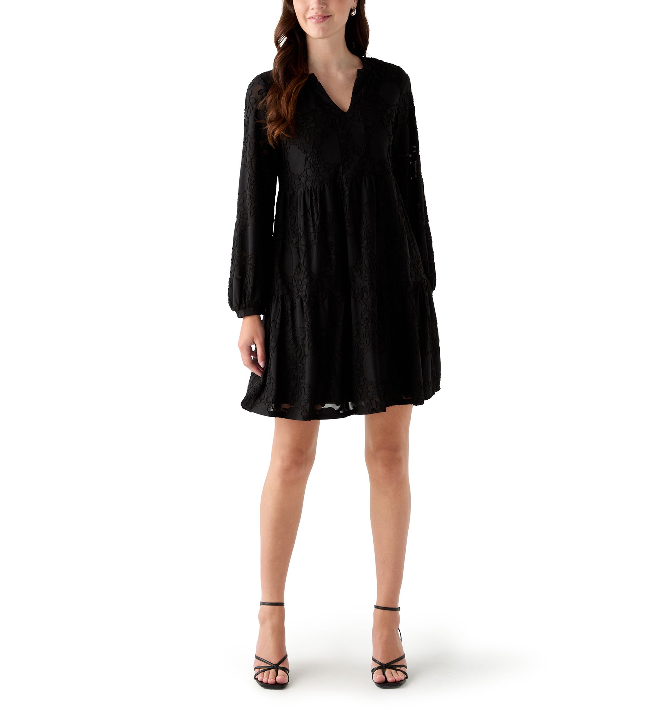 Womens Blouson Sleeve V-Neck Solid Jacquard A-Line Dress 