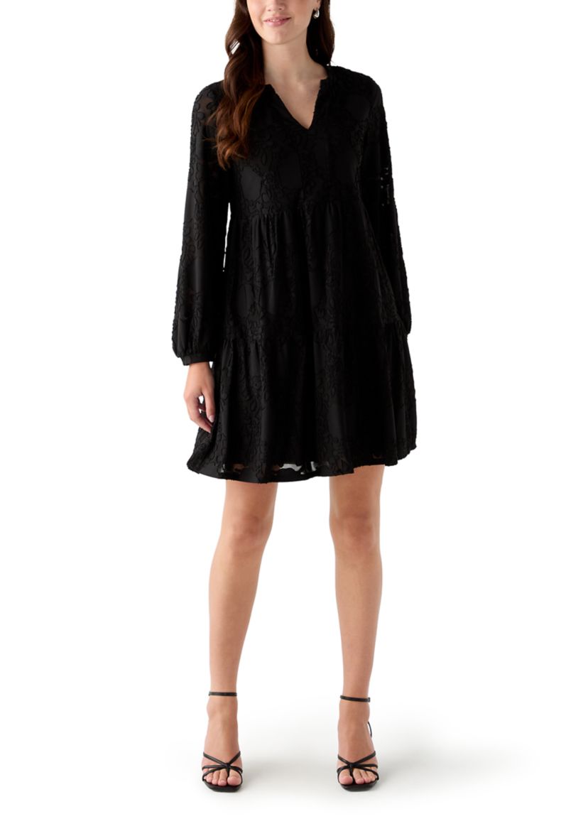 Womens Blouson Sleeve V-Neck Solid Jacquard A-Line Dress 