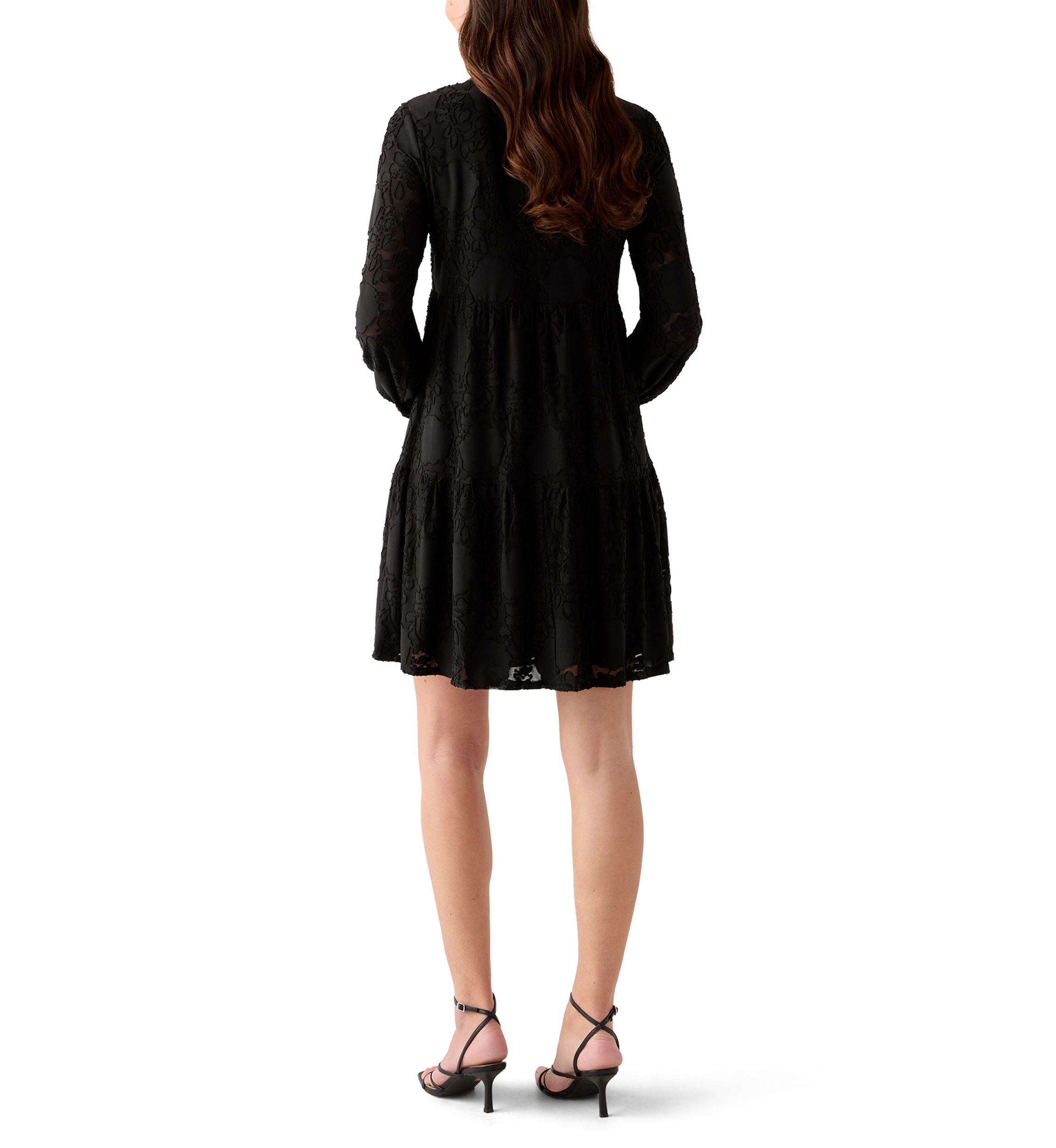 Womens Blouson Sleeve V-Neck Solid Jacquard A-Line Dress 