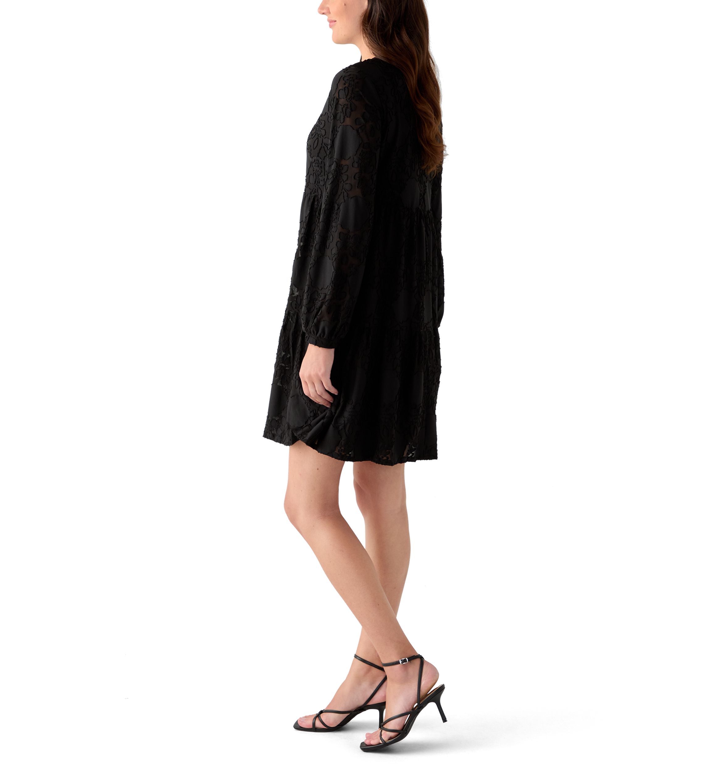 Womens Blouson Sleeve V-Neck Solid Jacquard A-Line Dress 