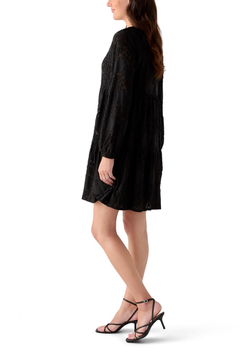Womens Blouson Sleeve V-Neck Solid Jacquard A-Line Dress 