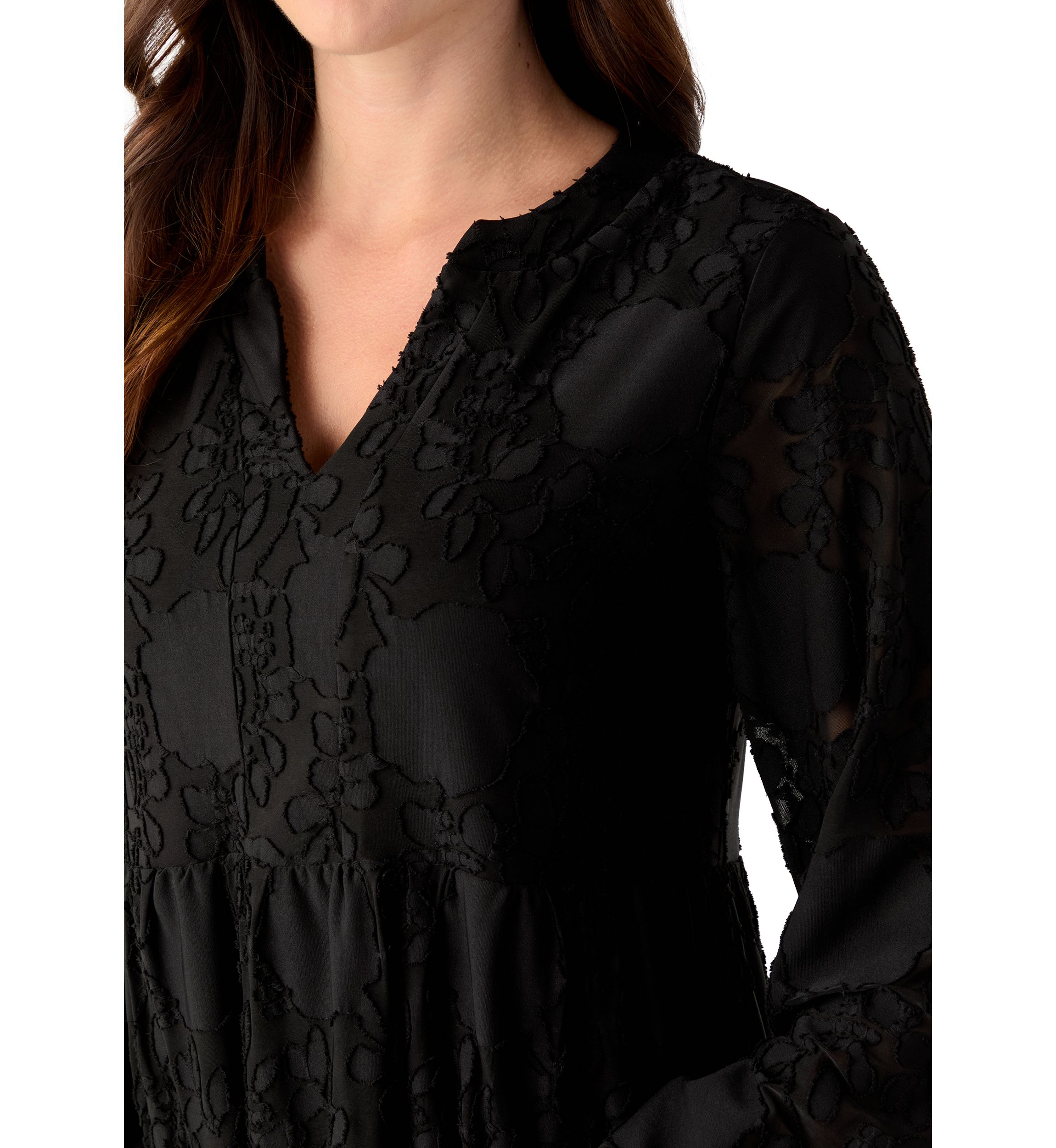 Womens Blouson Sleeve V-Neck Solid Jacquard A-Line Dress 