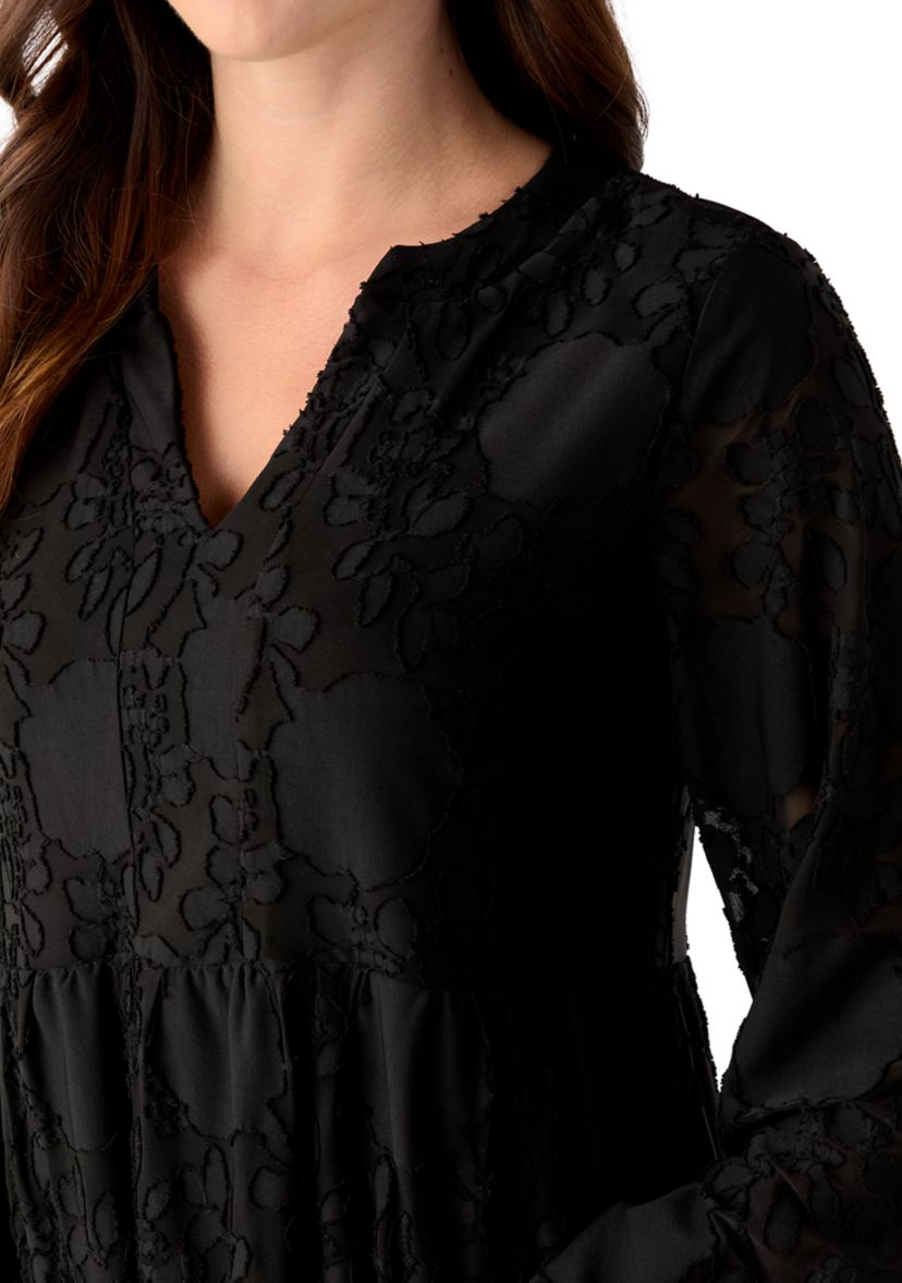 Womens Blouson Sleeve V-Neck Solid Jacquard A-Line Dress 