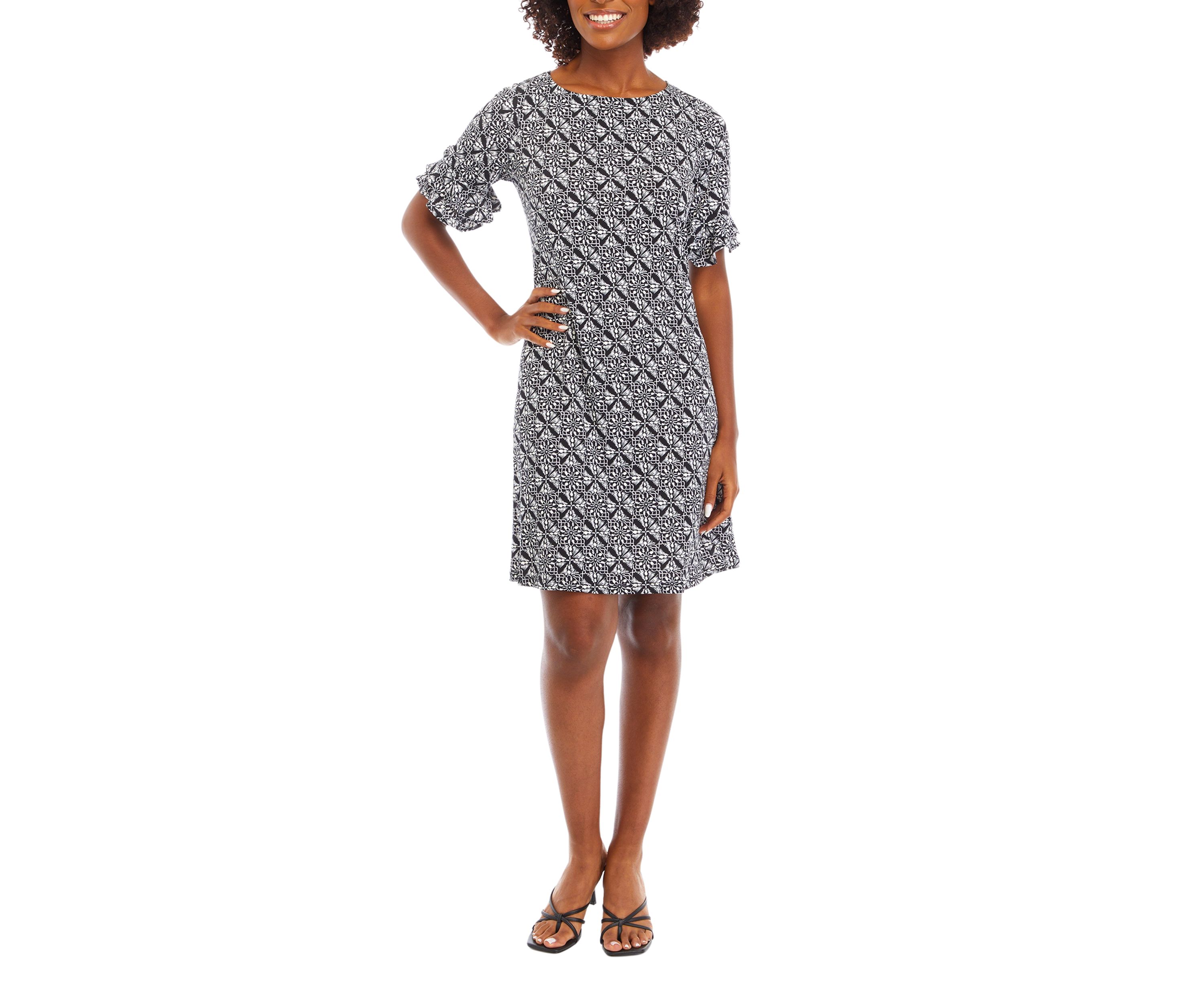 Womens Frill Short Sleeve Round Neck Medallion Print A-Line Dress