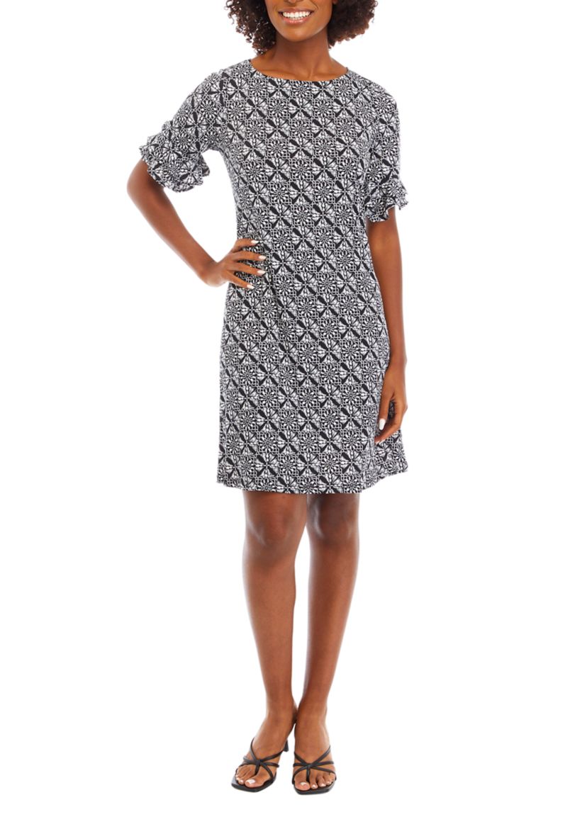 Womens Frill Short Sleeve Round Neck Medallion Print A-Line Dress