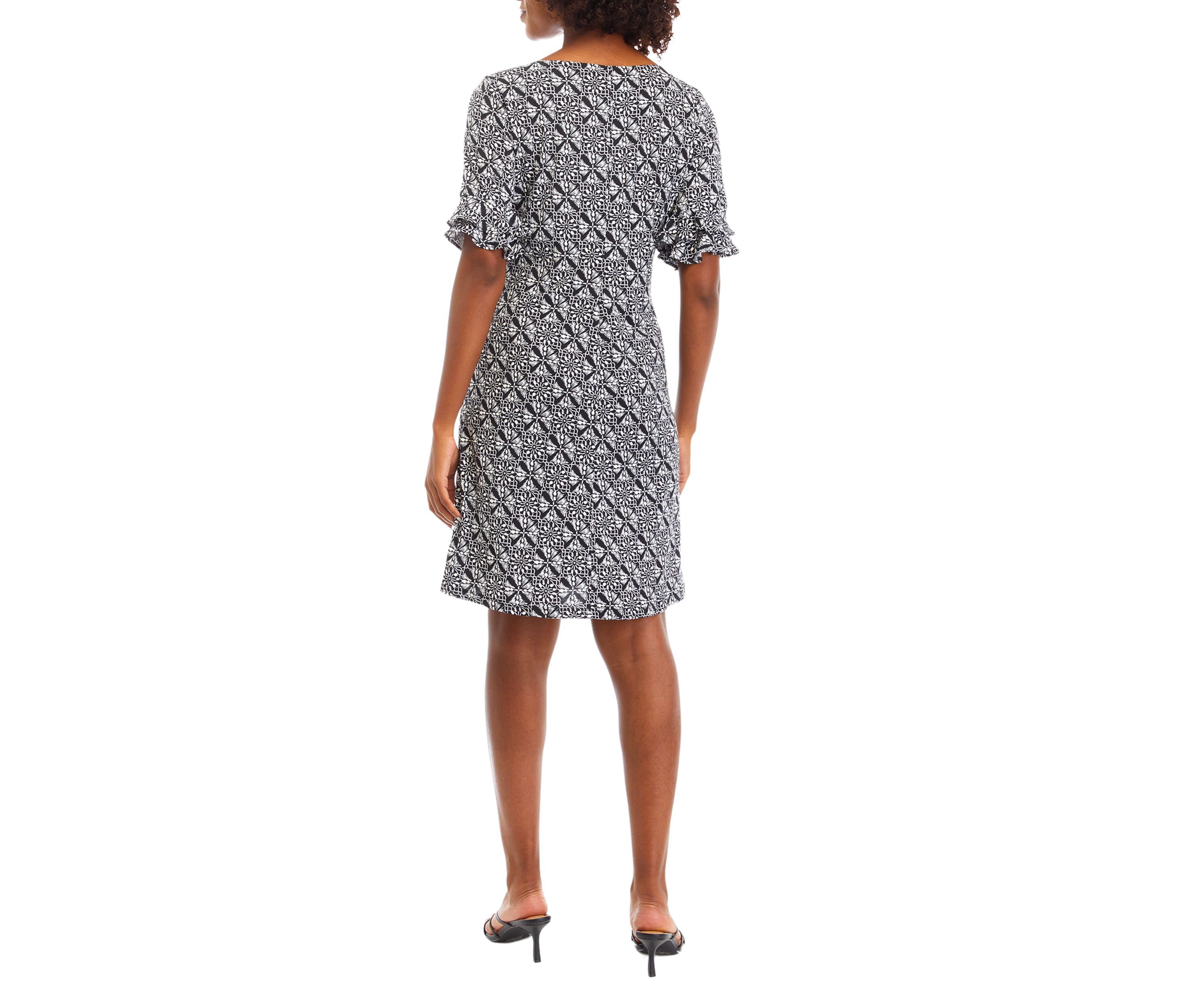 Womens Frill Short Sleeve Round Neck Medallion Print A-Line Dress