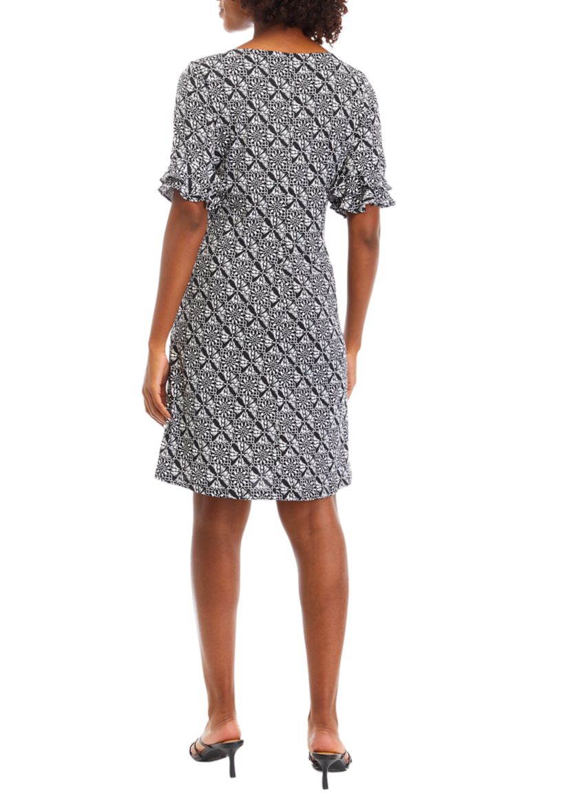 Womens Frill Short Sleeve Round Neck Medallion Print A-Line Dress