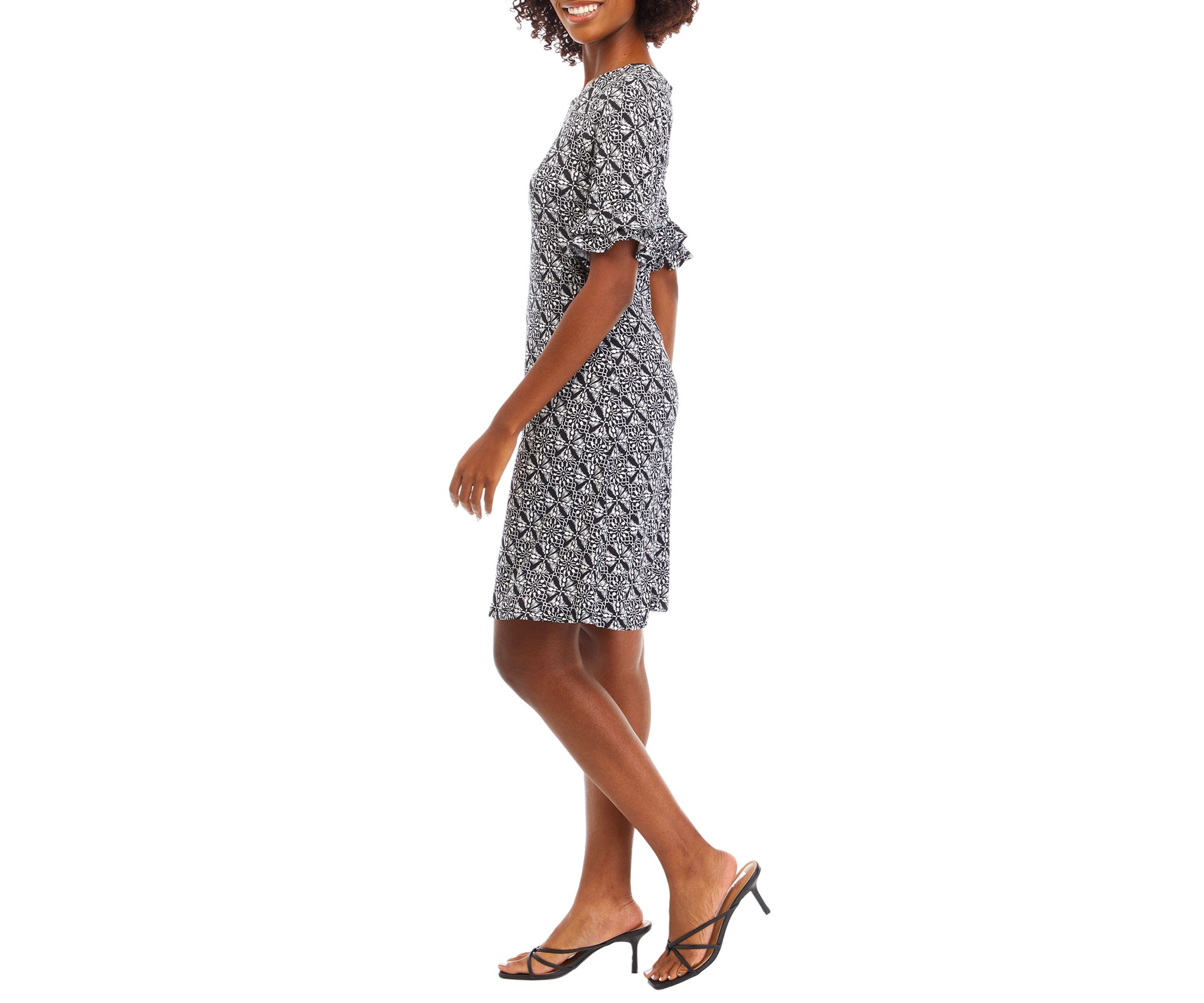 Womens Frill Short Sleeve Round Neck Medallion Print A-Line Dress