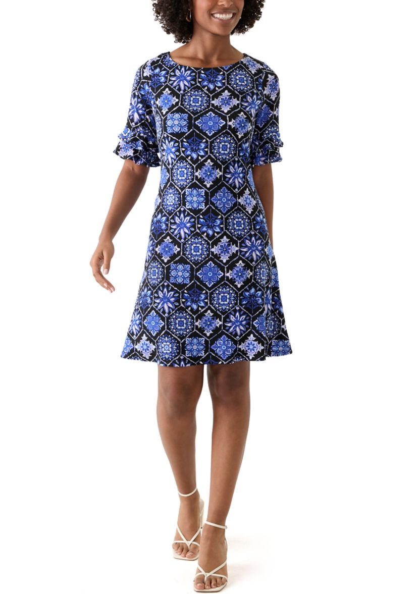Perceptions Women's Elbow Flare Sleeve Geometric Printed Dress, Medium