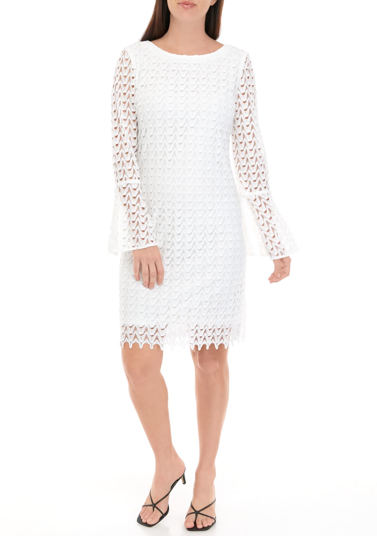 Womens Long Sleeve Solid White Lace Sheath Dress