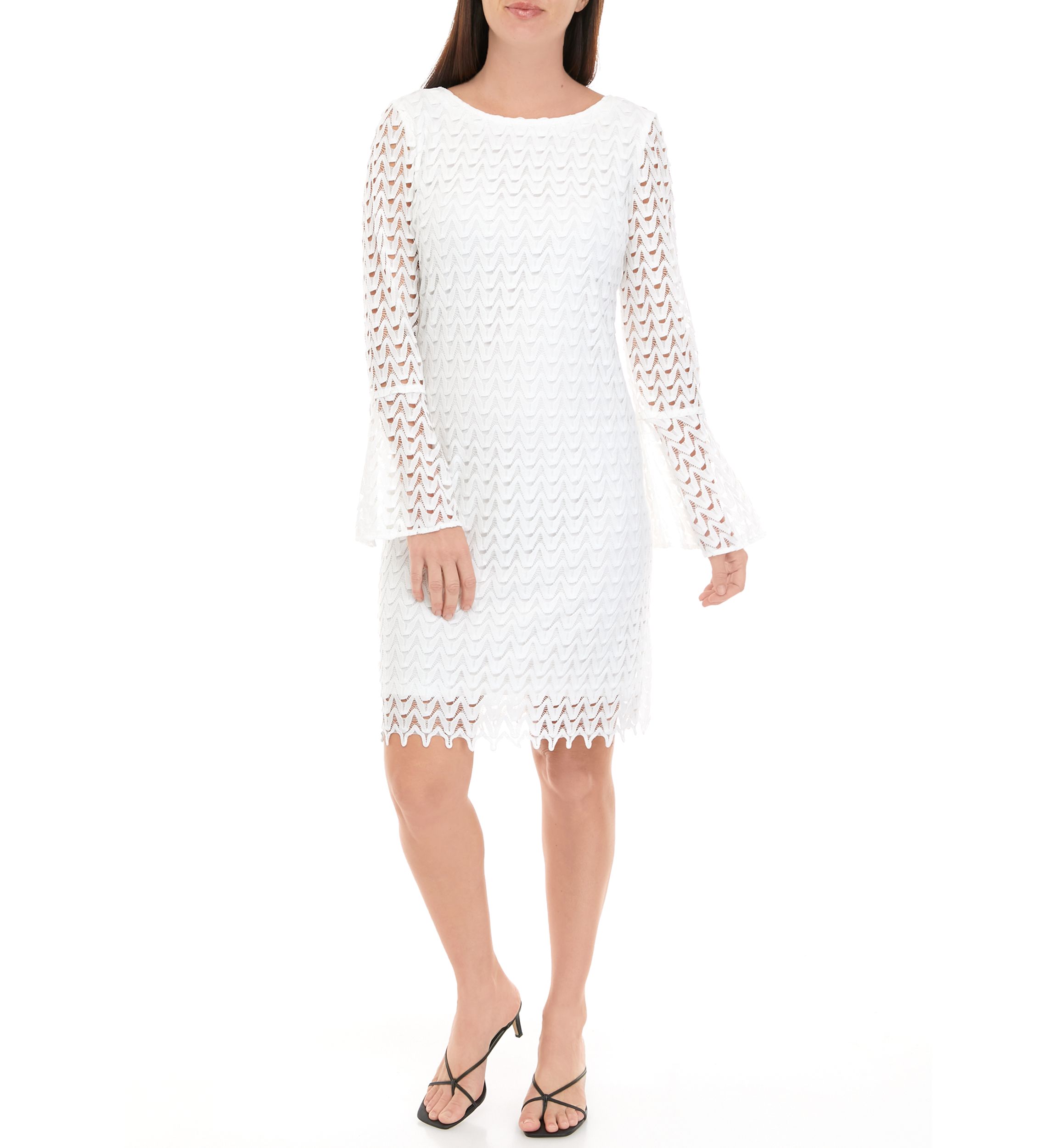 Womens Long Sleeve Solid White Lace Sheath Dress