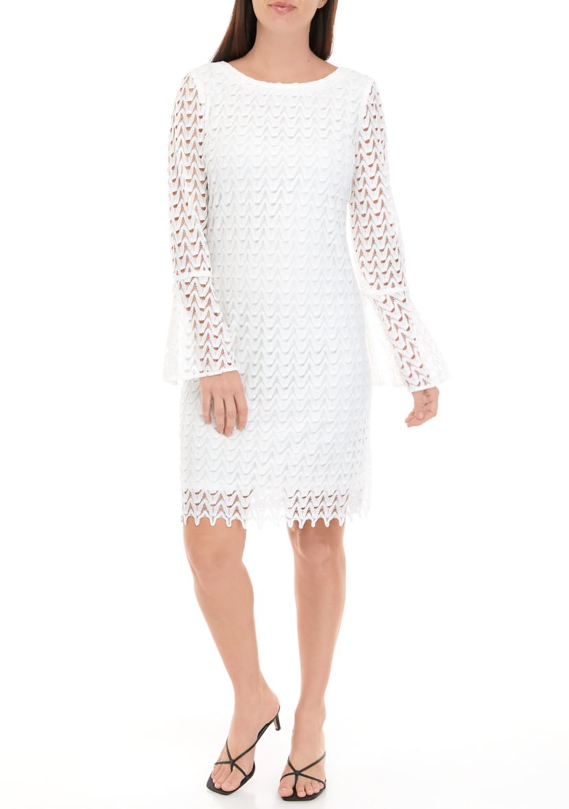 Womens Long Sleeve Solid White Lace Sheath Dress