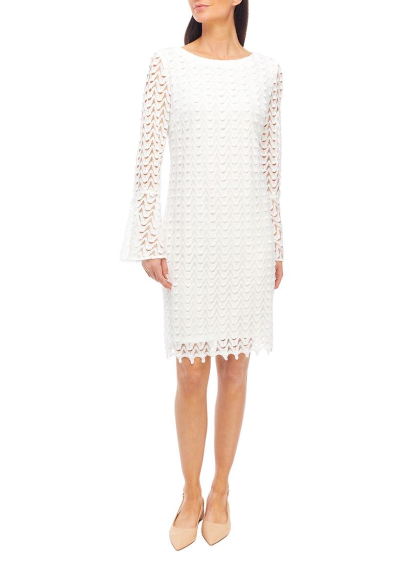 Womens Bell Sleeve Lace Sheath Dress