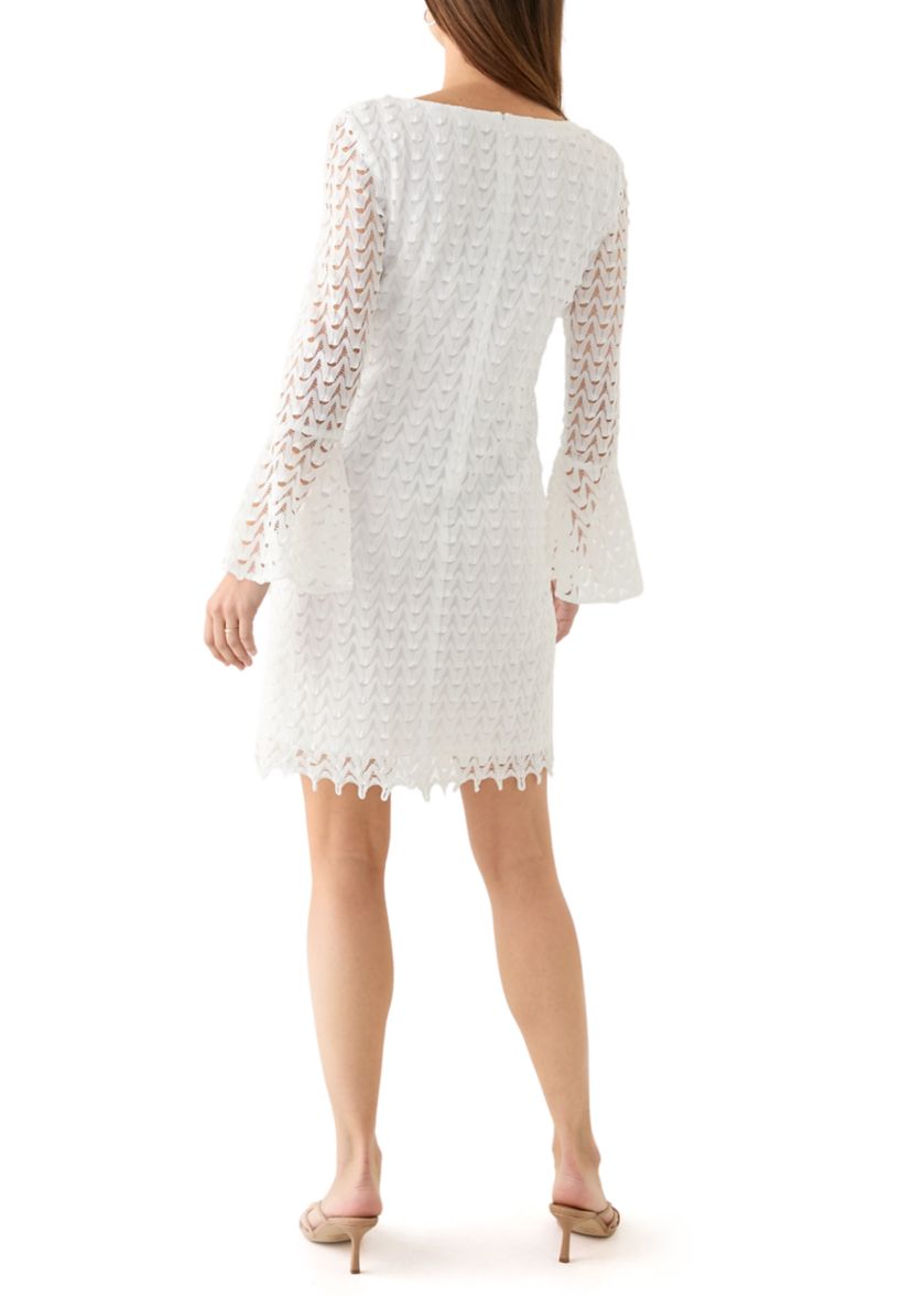 Womens Long Sleeve Crew Neck Solid Lace Sheath Dress