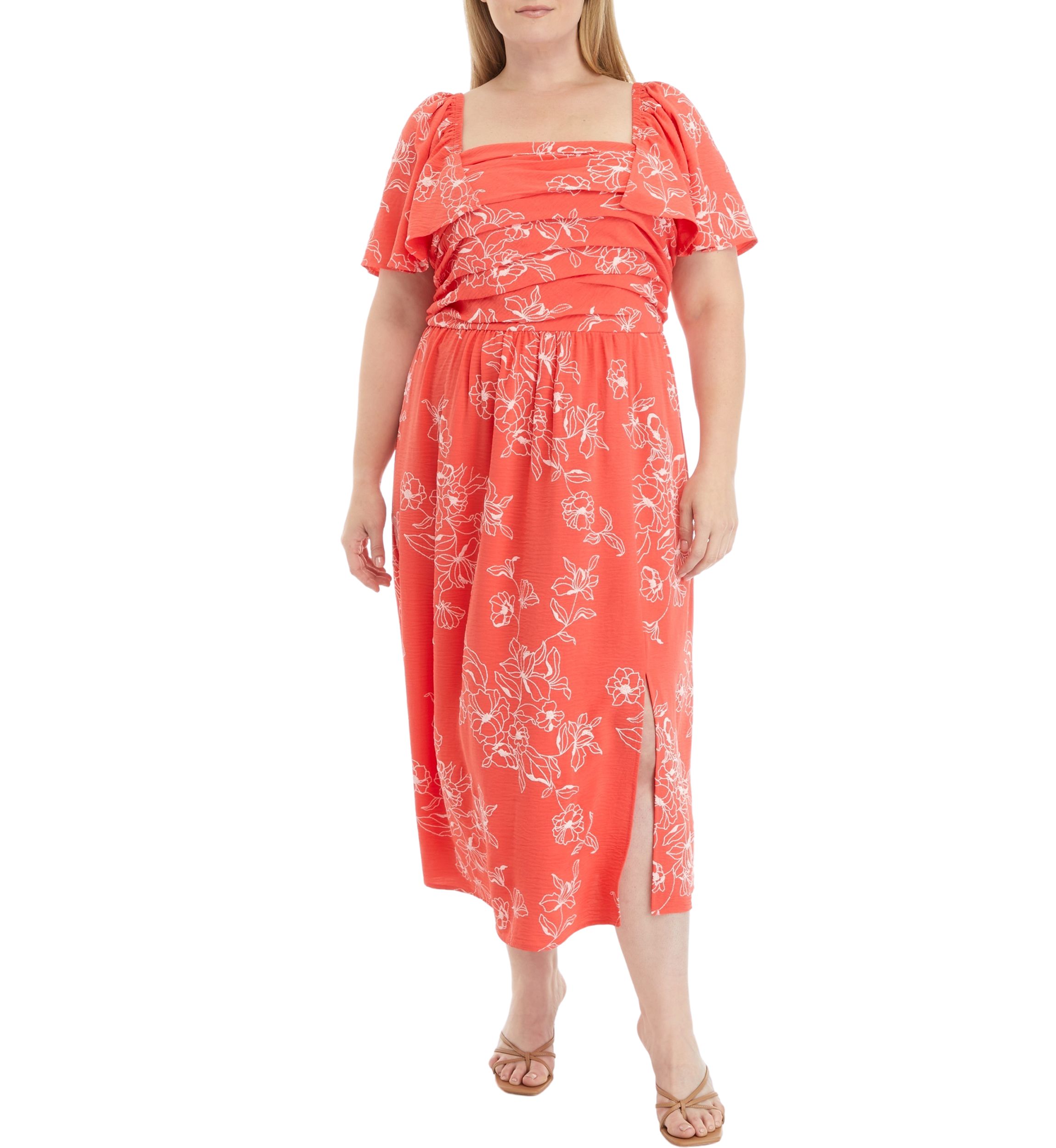Plus Size Short Sleeve Square Neck Floral Print Dress