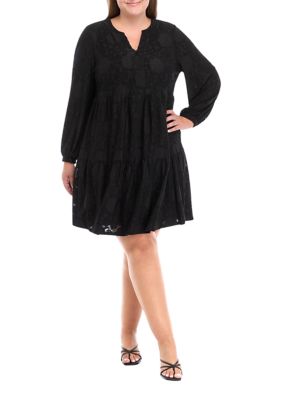 Perceptions Women's Plus Size Long Sleeve Solid Burnout Babydoll Dress, Black, 3X