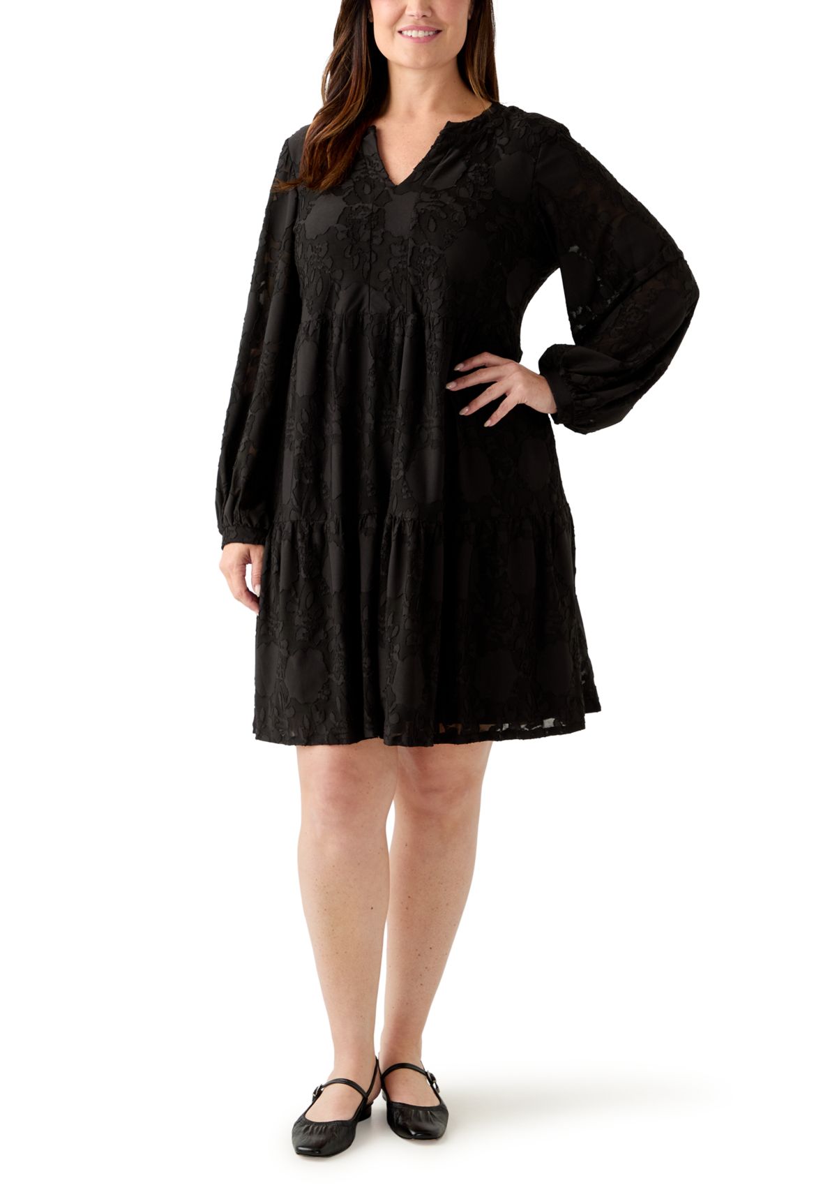Plus Size Long Blouson Sleeve V-Neck Jacquard A-Line Dress