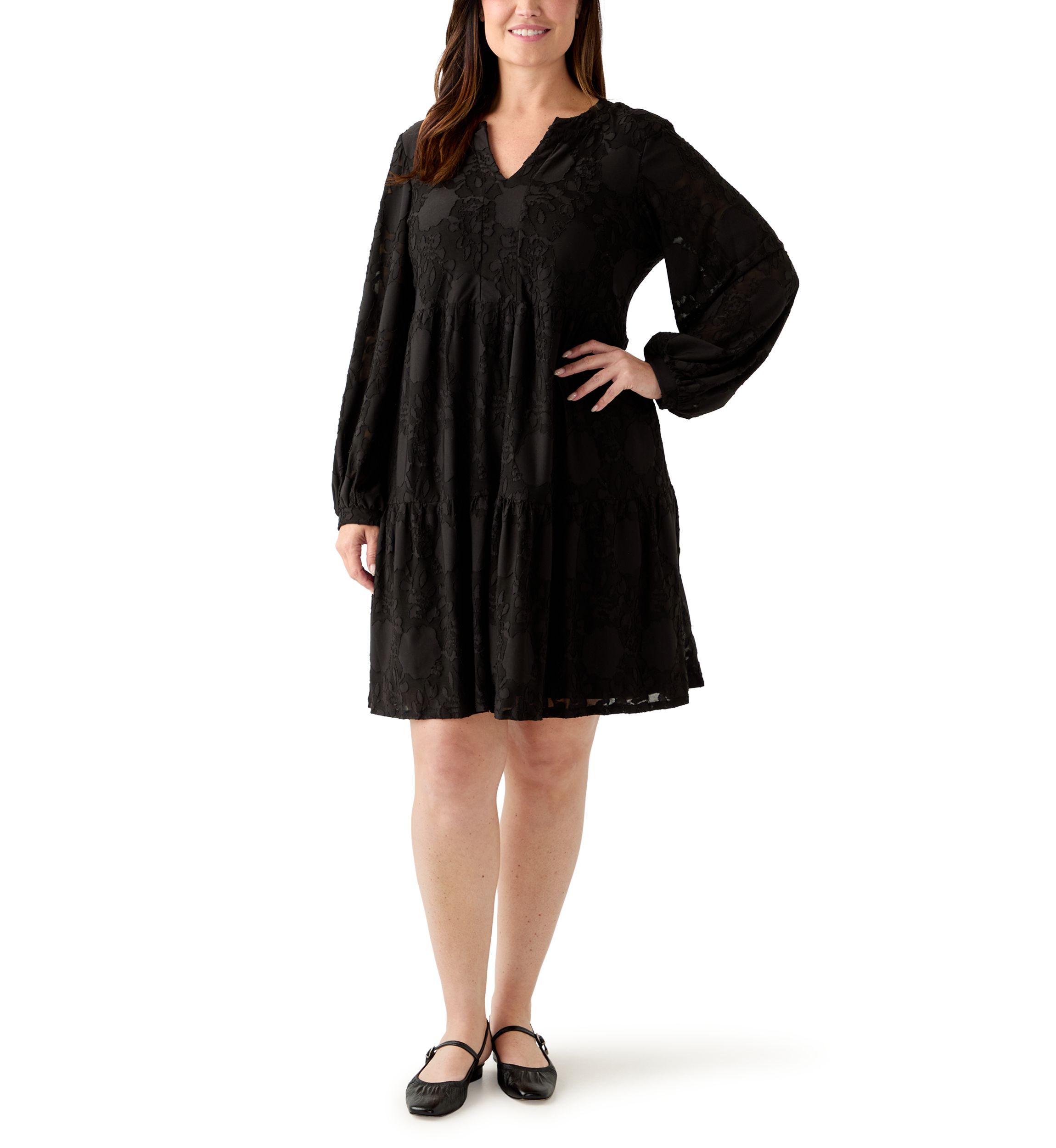 Plus Size Long Blouson Sleeve V-Neck Jacquard A-Line Dress