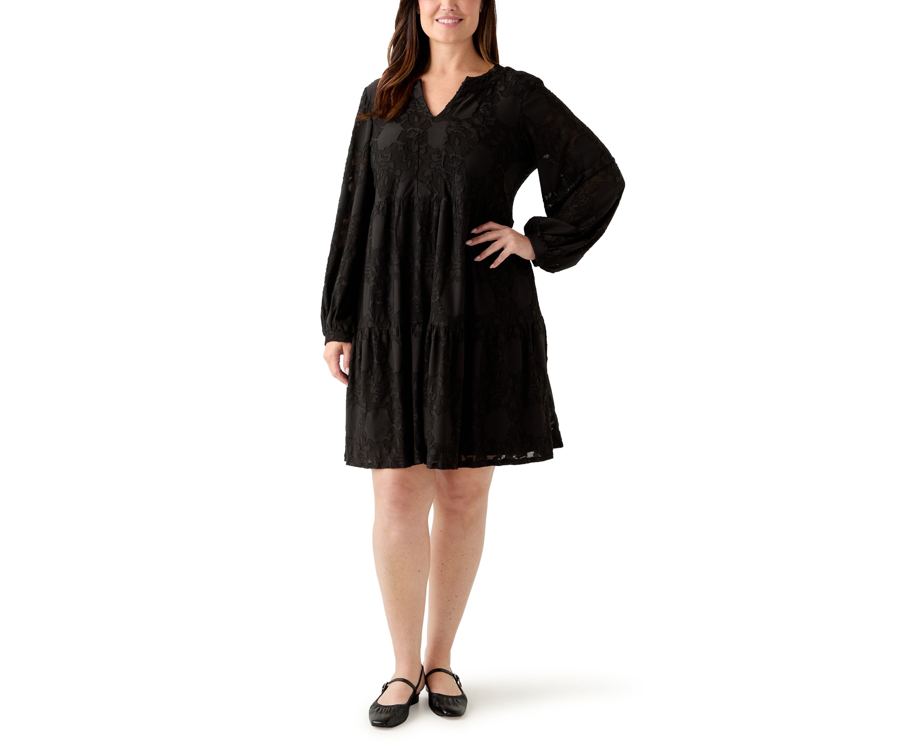 Plus Size Long Blouson Sleeve V-Neck Jacquard A-Line Dress