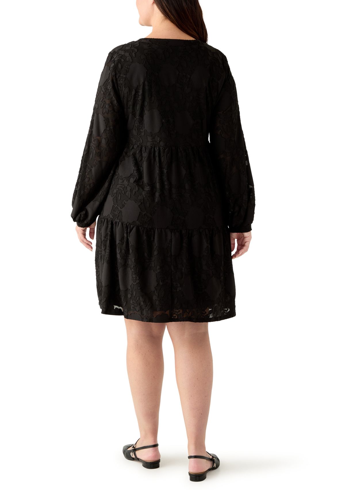 Plus Size Long Blouson Sleeve V-Neck Jacquard A-Line Dress