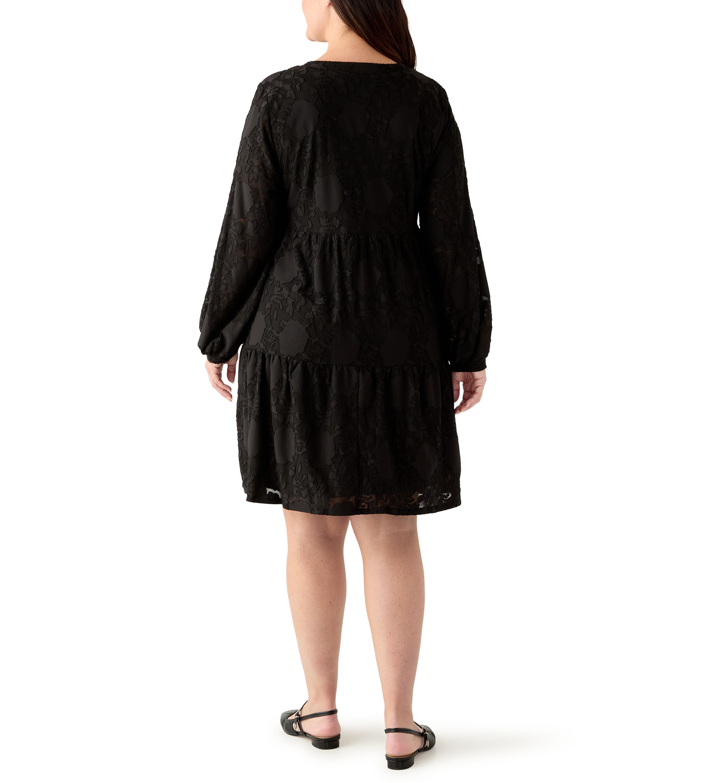 Plus Size Long Blouson Sleeve V-Neck Jacquard A-Line Dress
