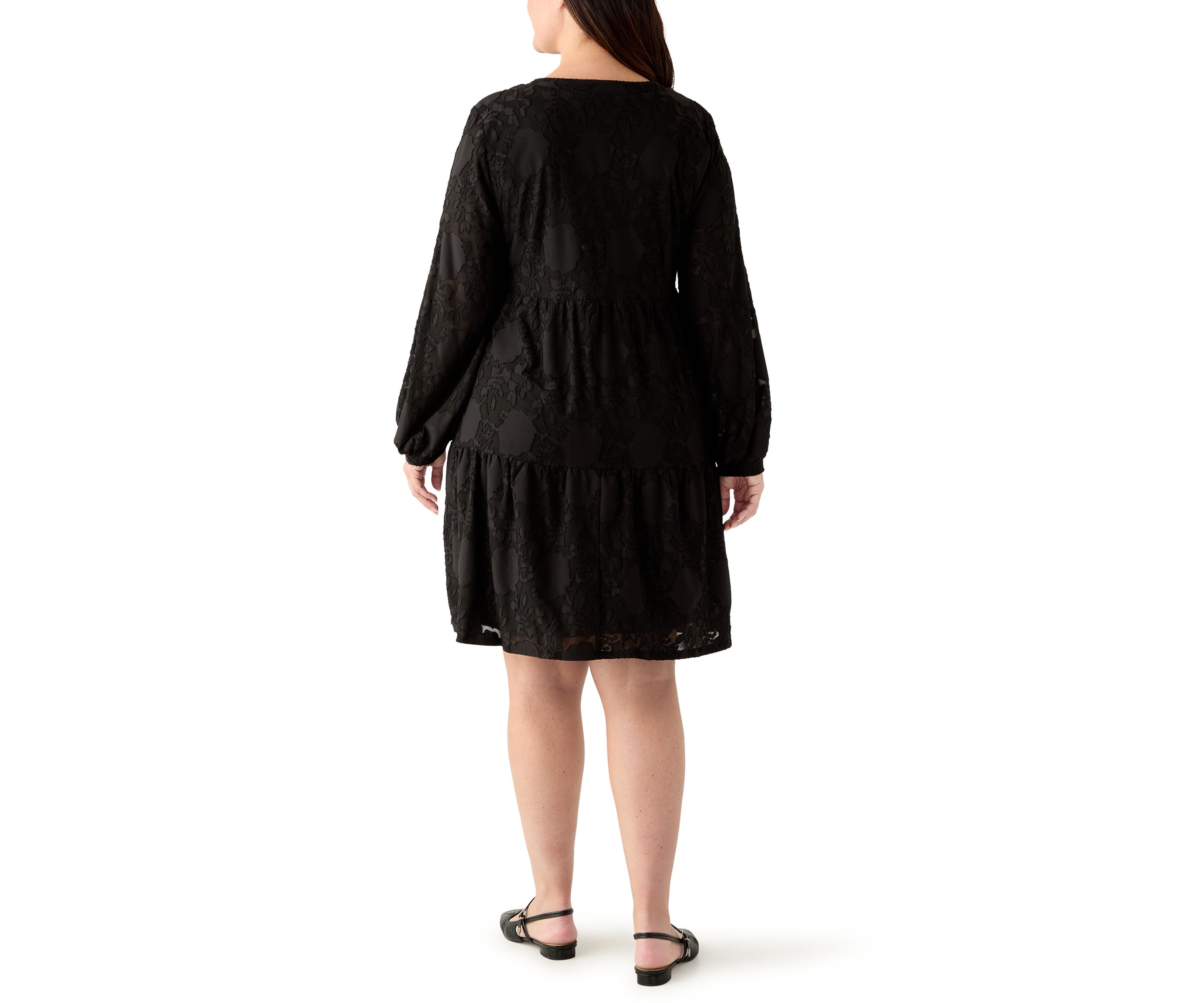 Plus Size Long Blouson Sleeve V-Neck Jacquard A-Line Dress