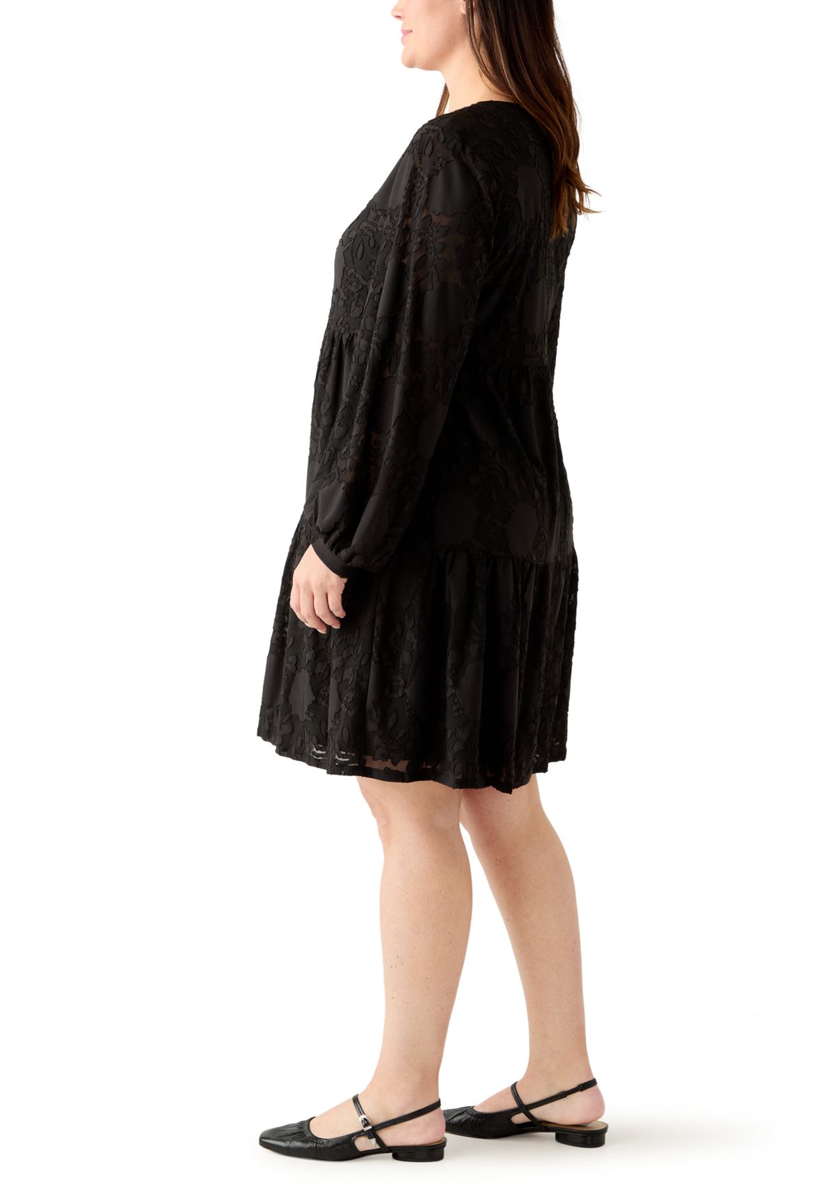 Plus Size Long Blouson Sleeve V-Neck Jacquard A-Line Dress