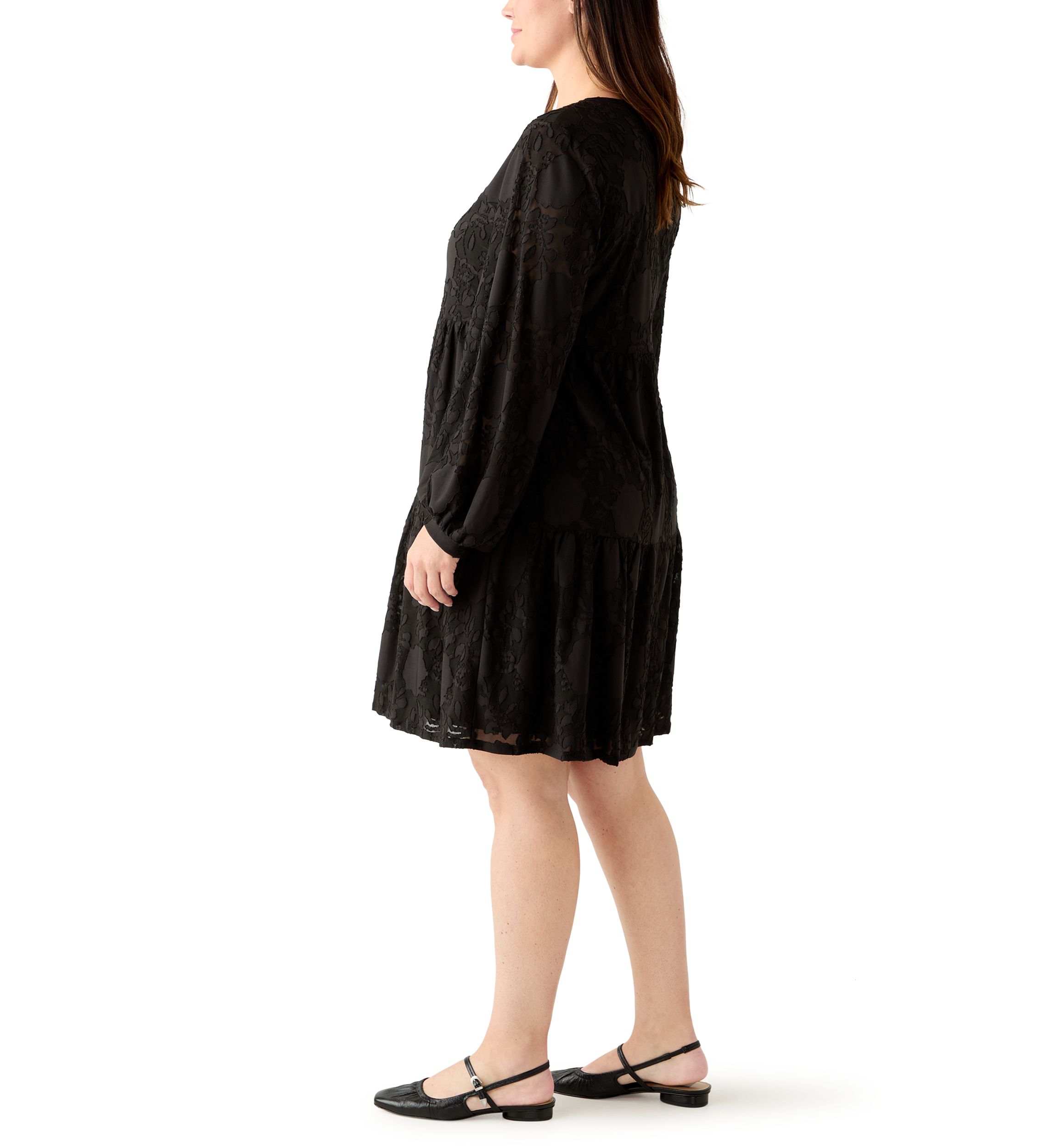 Plus Size Long Blouson Sleeve V-Neck Jacquard A-Line Dress