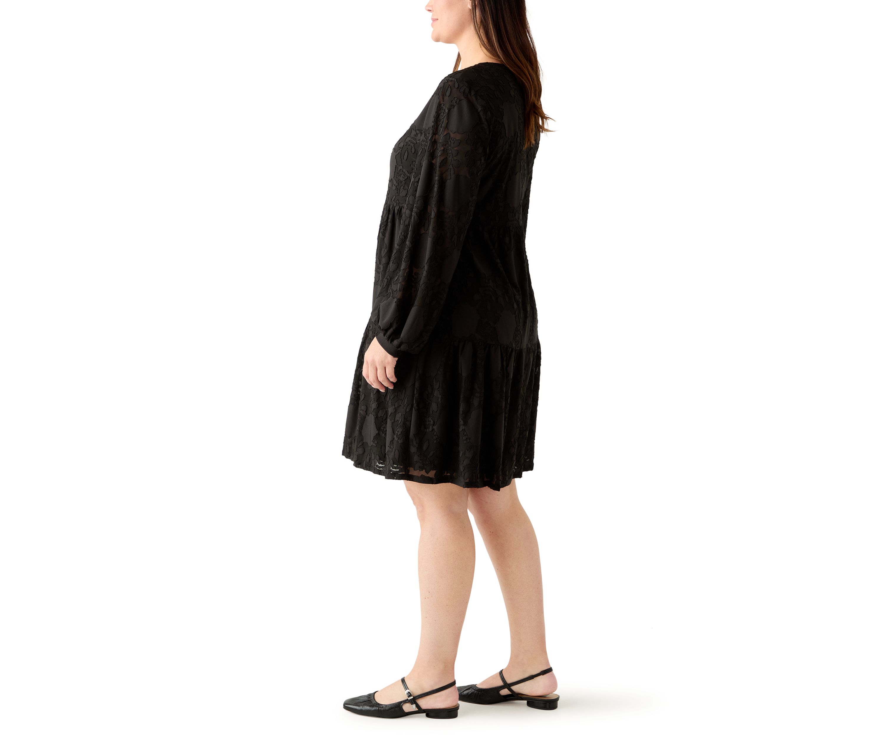 Plus Size Long Blouson Sleeve V-Neck Jacquard A-Line Dress