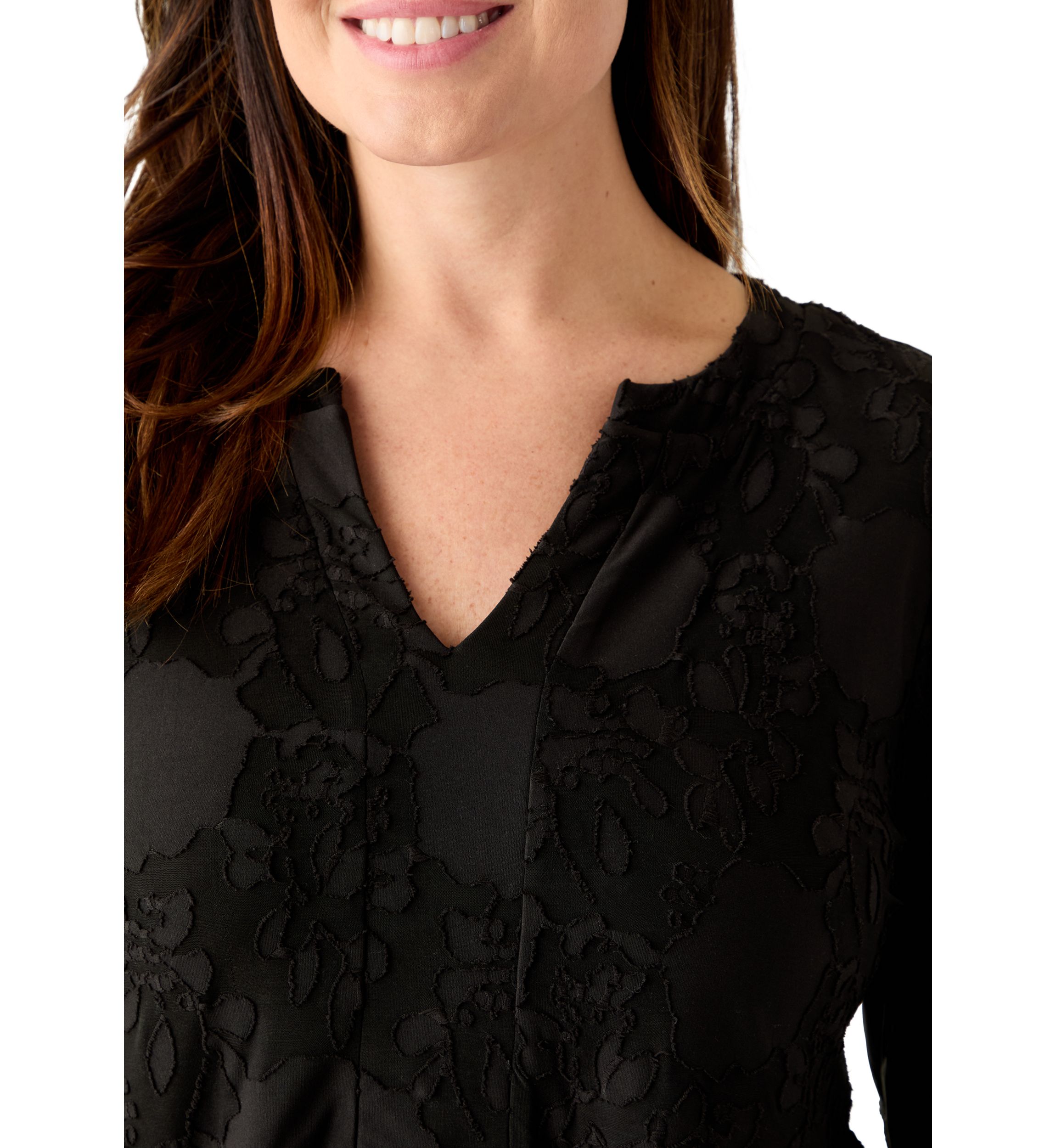 Plus Size Long Blouson Sleeve V-Neck Jacquard A-Line Dress