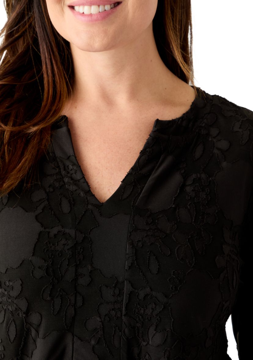 Plus Size Long Blouson Sleeve V-Neck Jacquard A-Line Dress