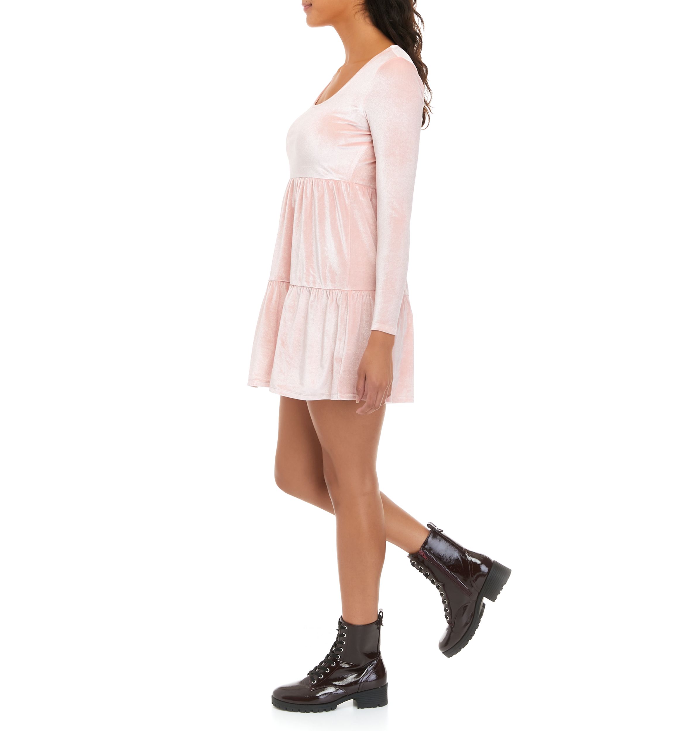 Juniors Long Sleeve Babydoll Velvet Dress