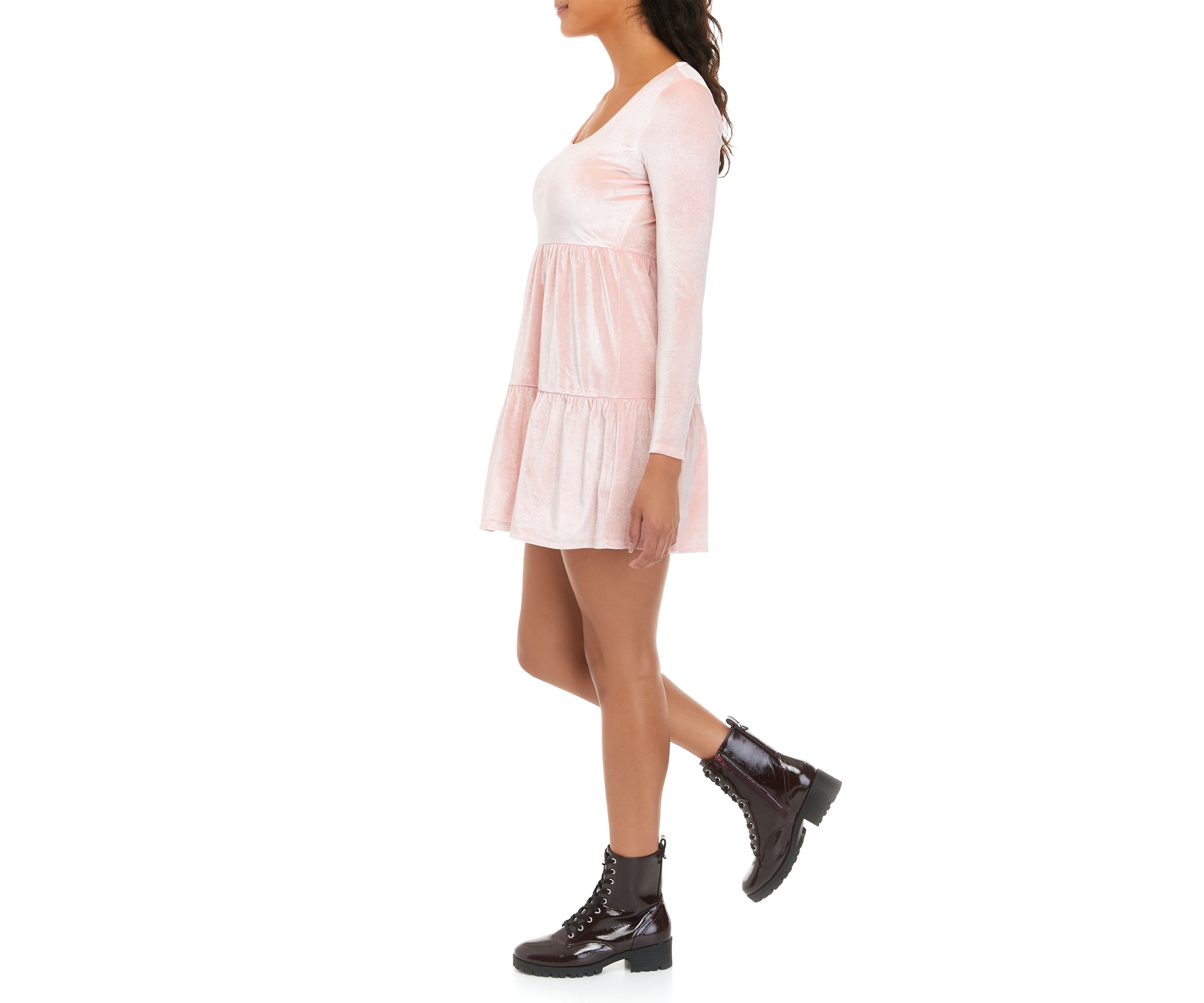 Juniors Long Sleeve Babydoll Velvet Dress