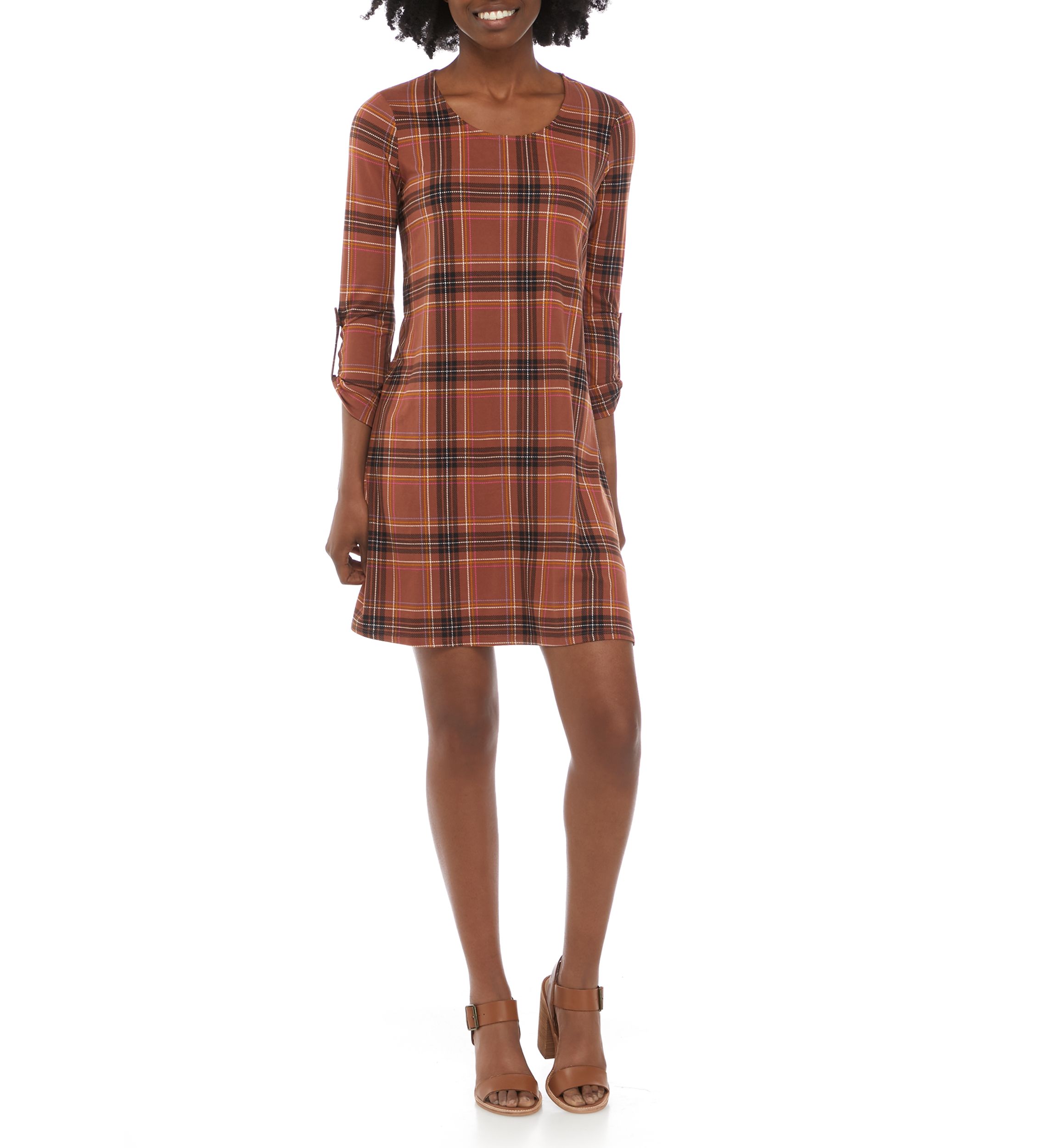 Juniors 3/4 Roll Tab Sleeve Peached Dress 