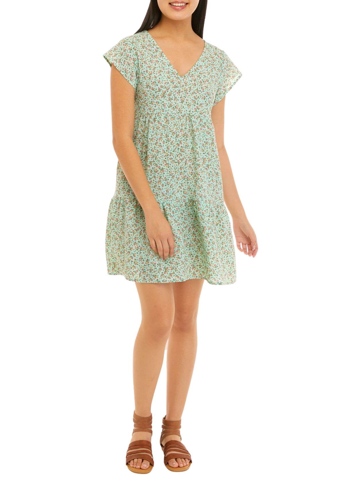 Juniors Short Sleeve V-Neck Tiered Dress