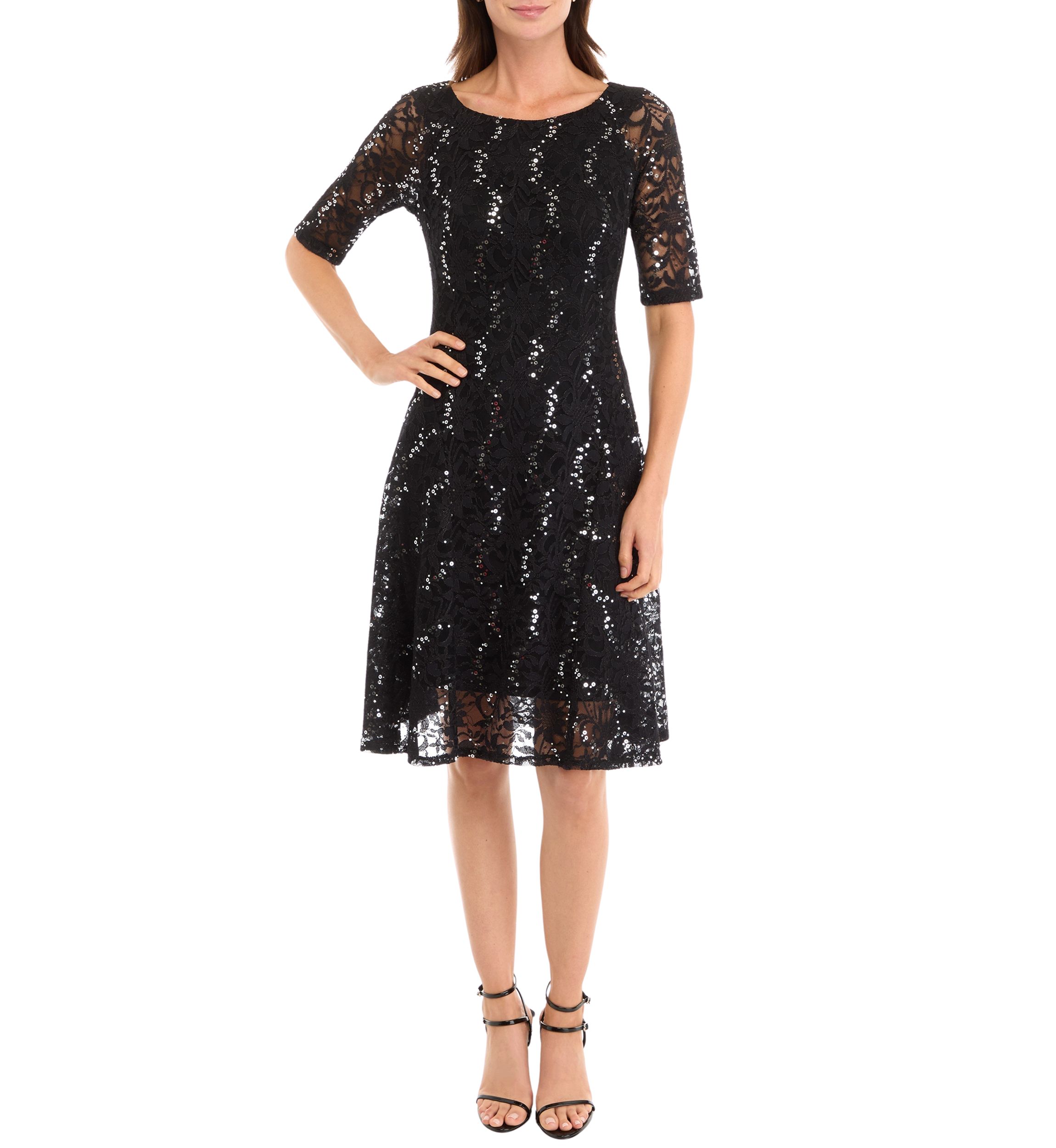 Womens Elbow Sequin Lace Fit and Flare Dress