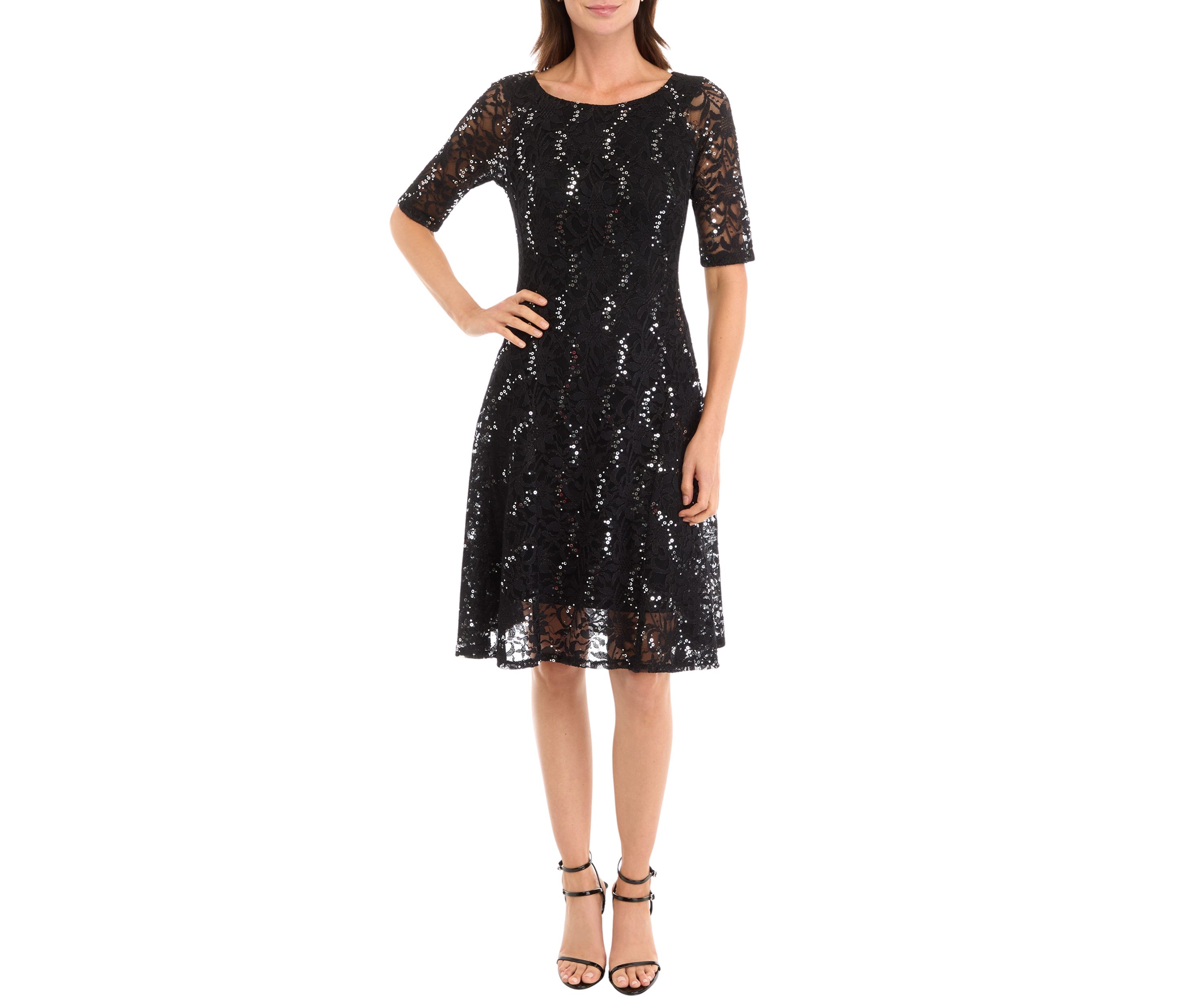 Womens Elbow Sequin Lace Fit and Flare Dress