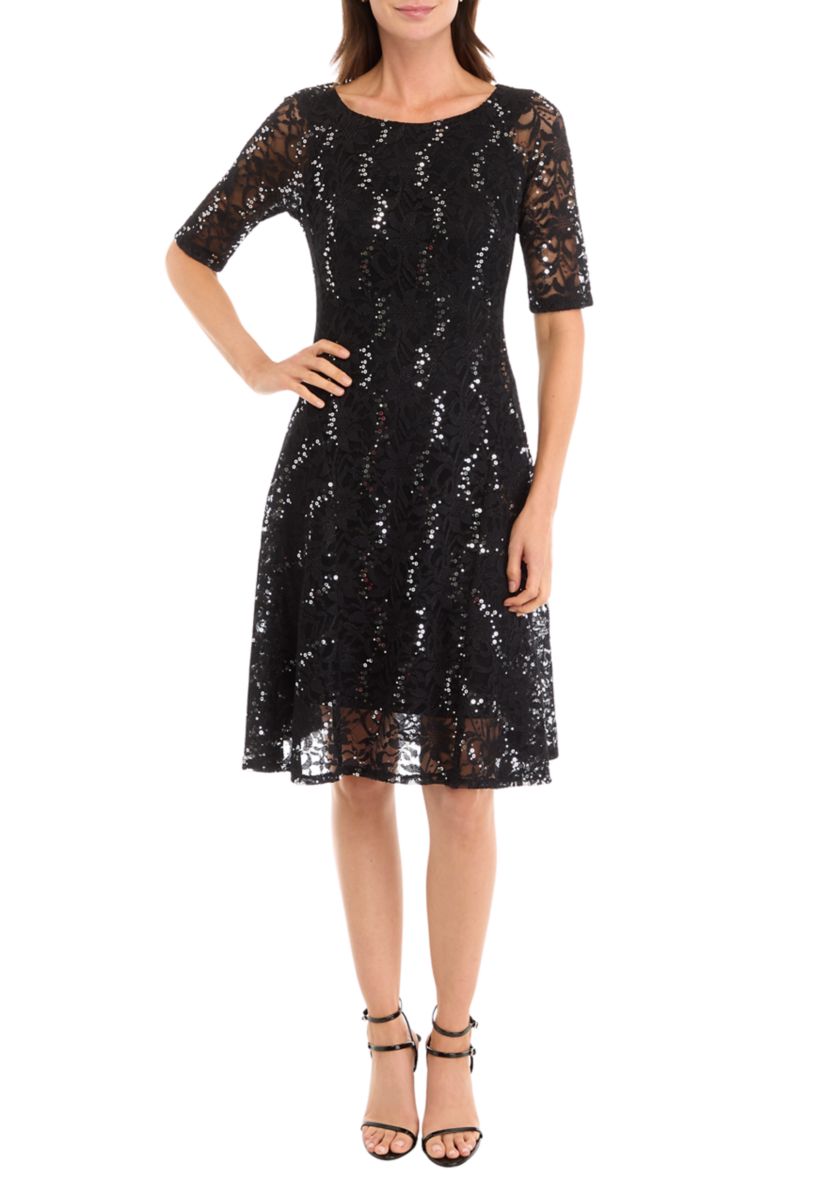 Womens Elbow Sequin Lace Fit and Flare Dress