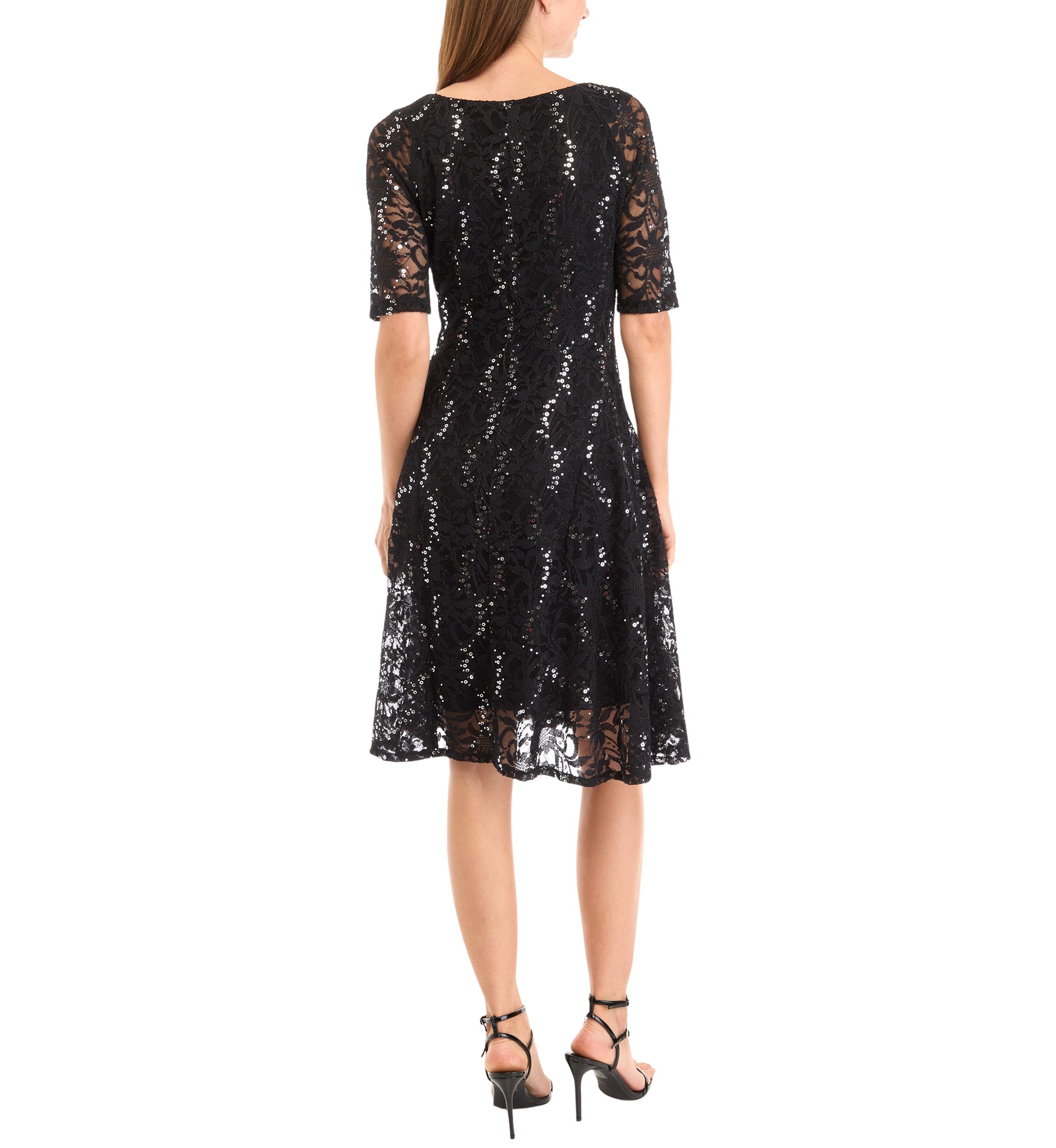 Womens Elbow Sequin Lace Fit and Flare Dress
