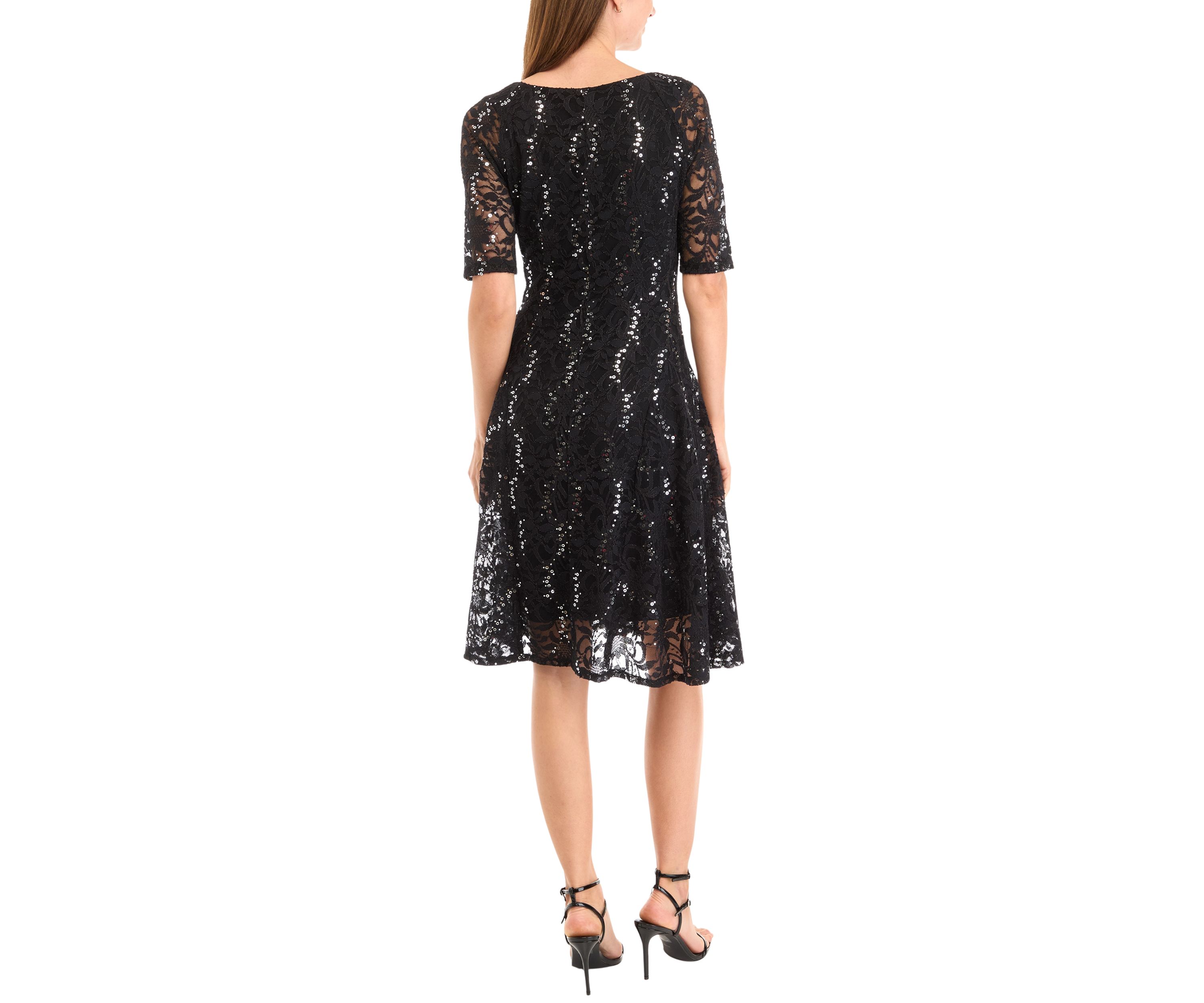 Womens Elbow Sequin Lace Fit and Flare Dress