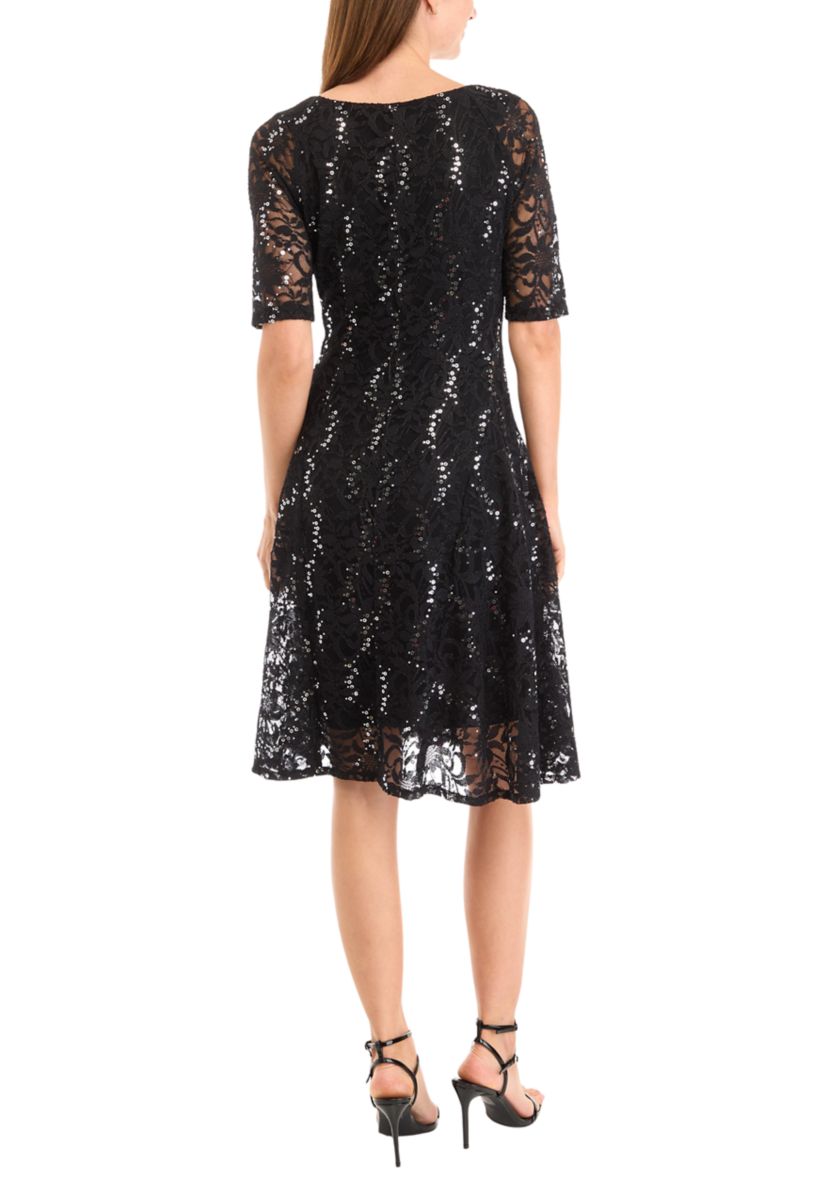 Womens Elbow Sequin Lace Fit and Flare Dress