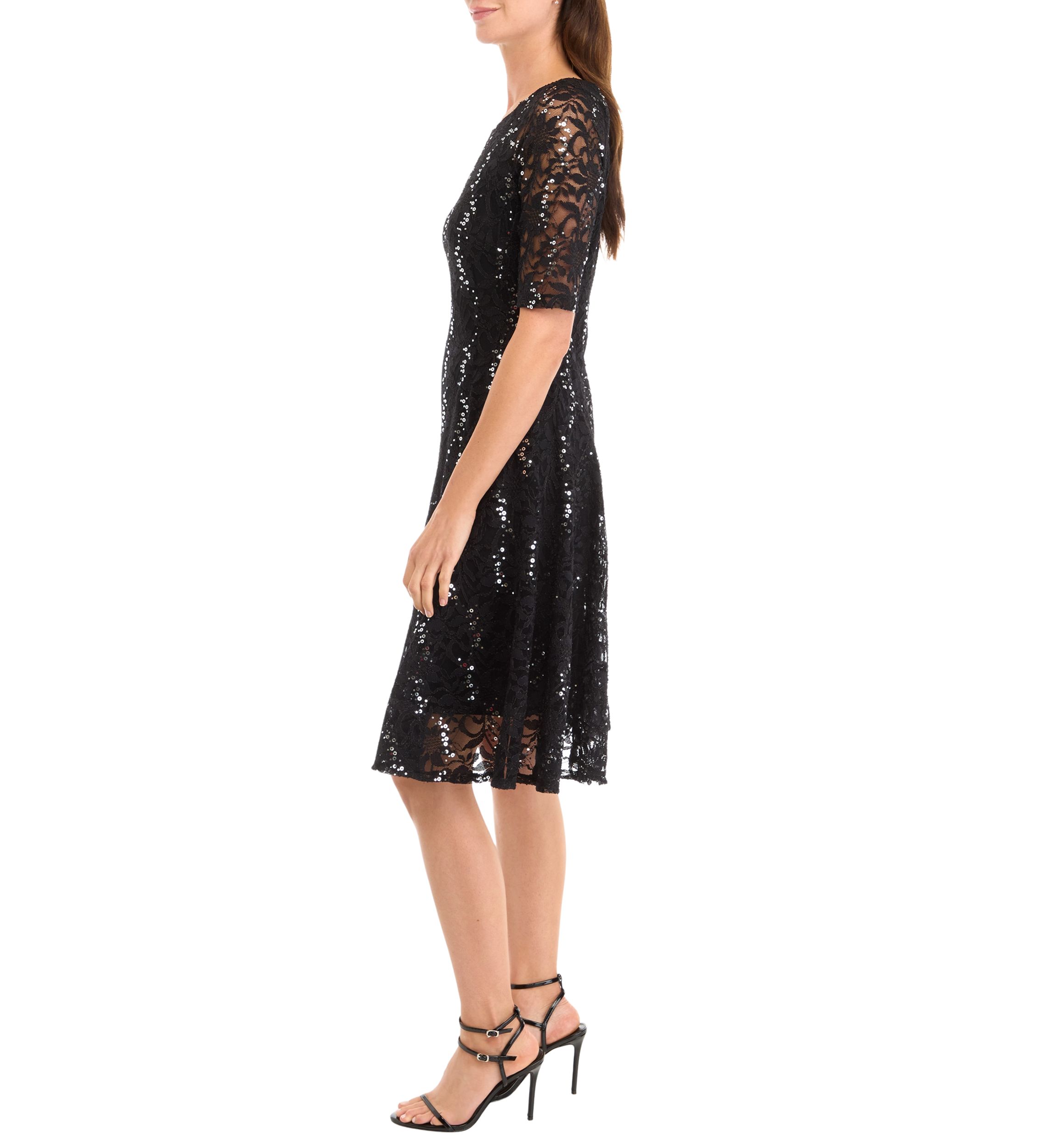 Womens Elbow Sequin Lace Fit and Flare Dress