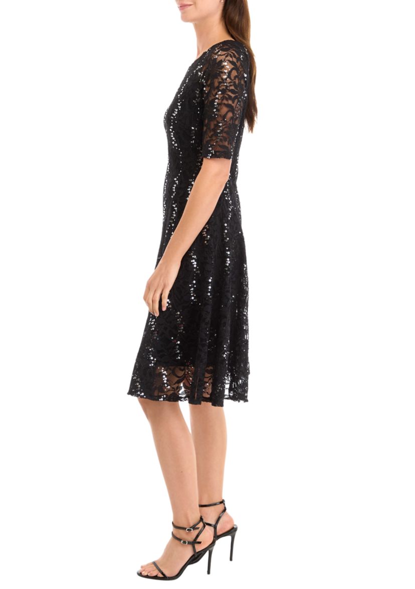 Womens Elbow Sequin Lace Fit and Flare Dress